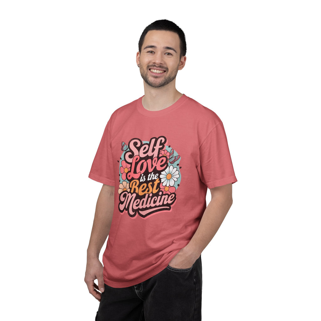 Self Love is the Best Medicine T-Shirt |Textured Floral Script Mental Health Design