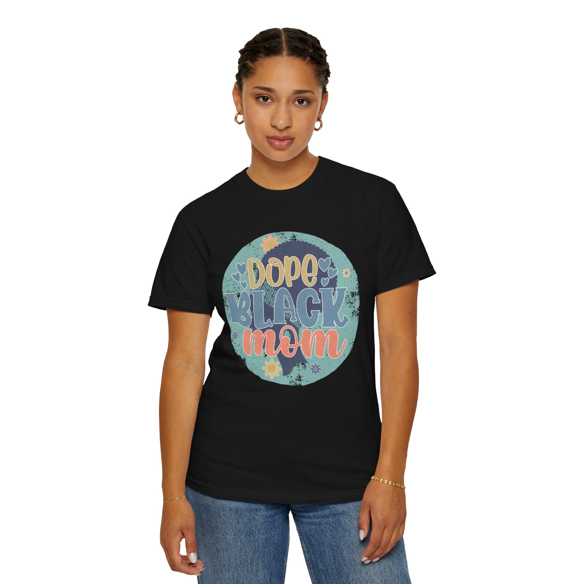 Dope Black Mom Textured T-Shirt — Retro Floral Graphic Tee for Proud Moms