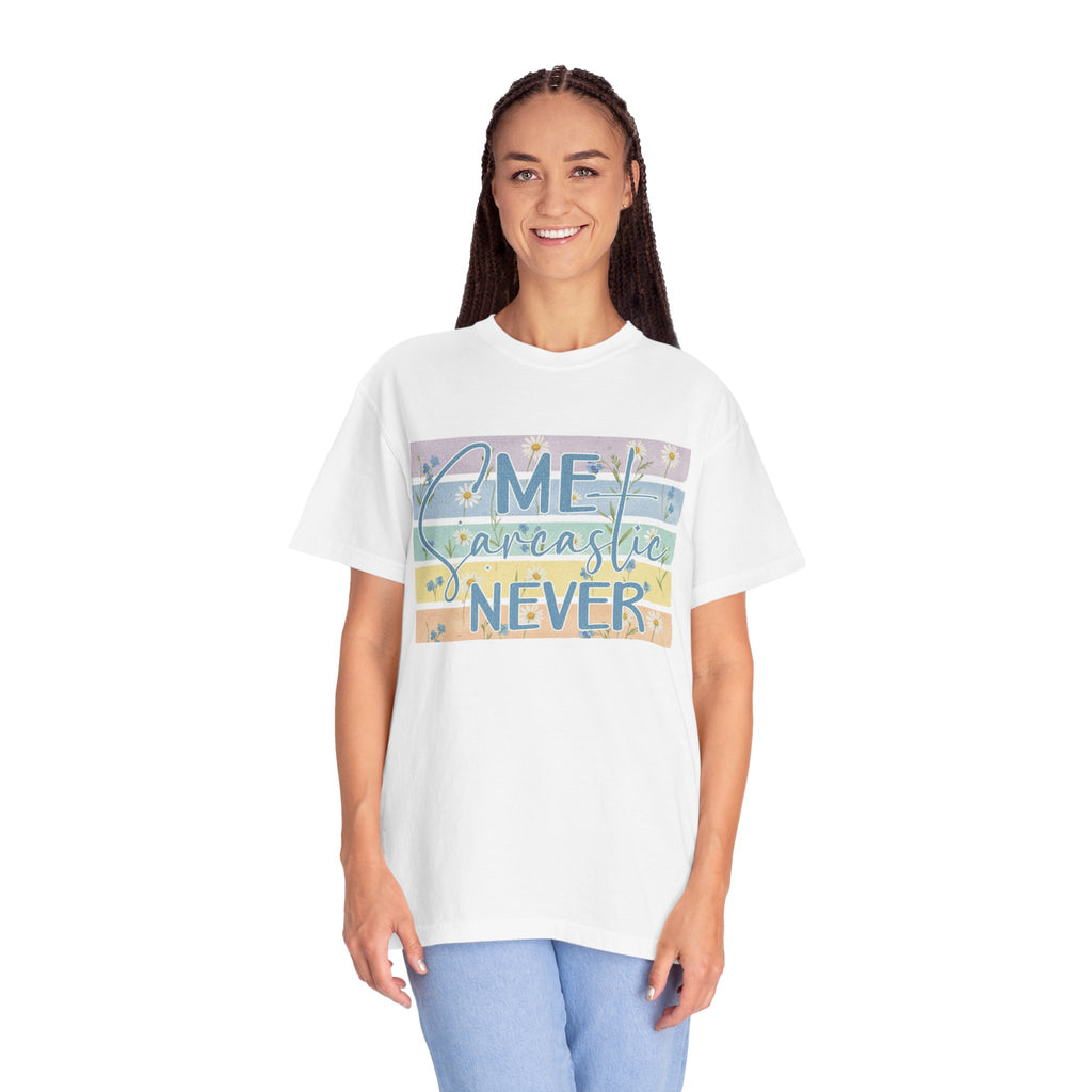 Textured Me Sarcastic Never T‑Shirt — Funny Retro Pastel Striped Tee for Sarcasm Lovers