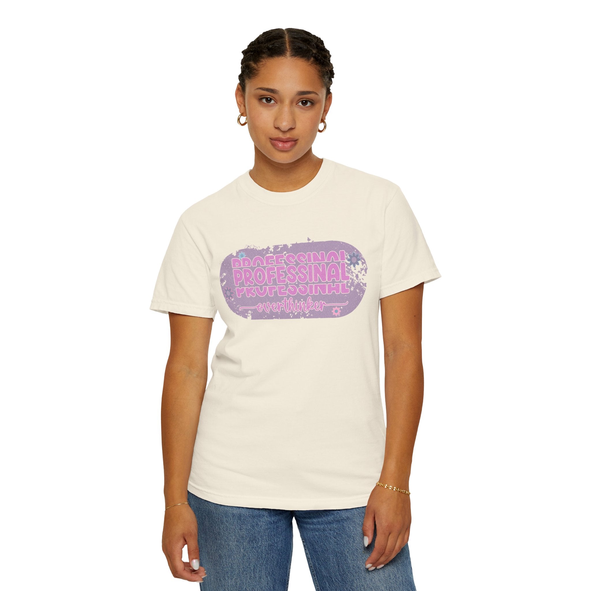 Professional Overthinker  Floral Textured T-Shirt — Retro Pink Graphic Tee