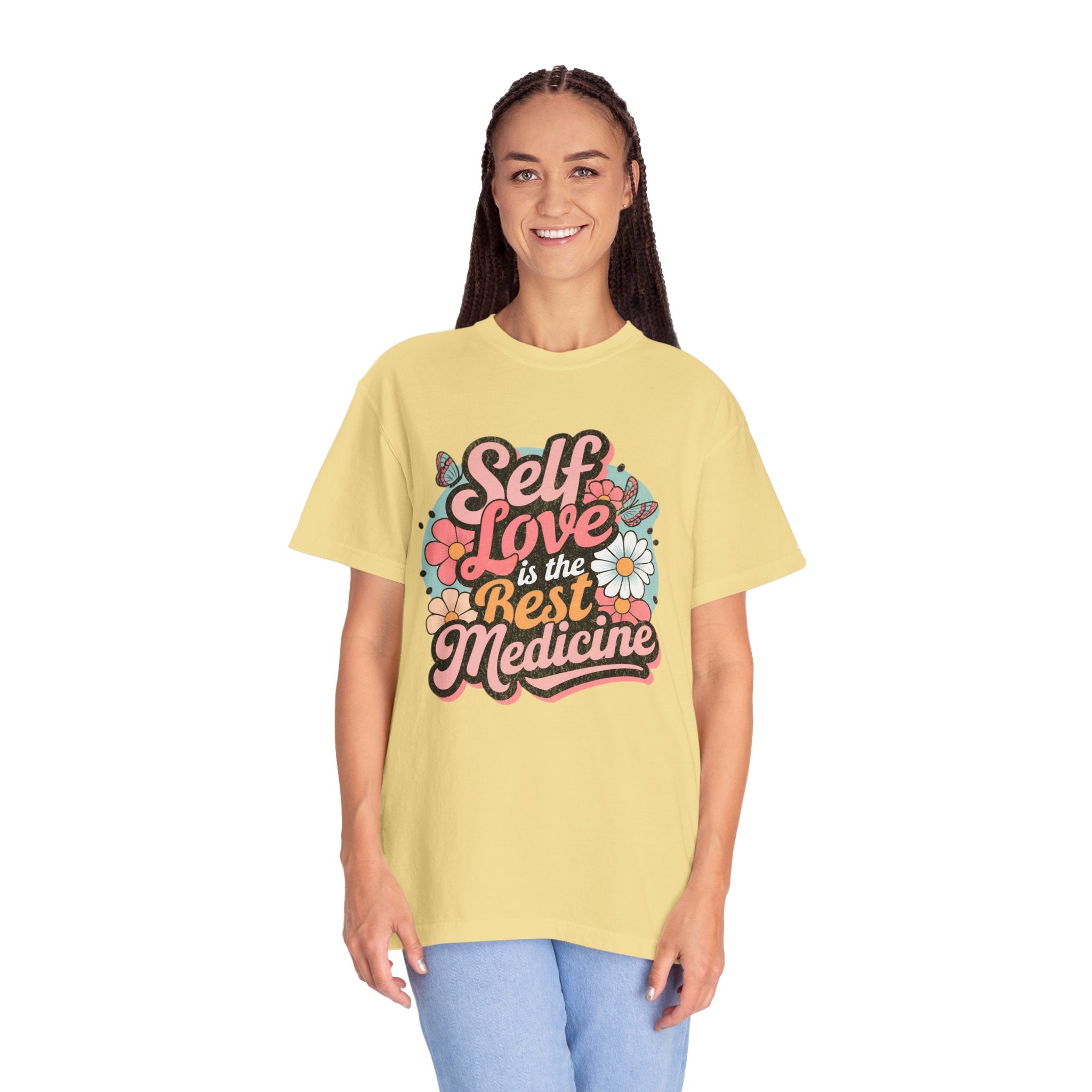 Self Love is the Best Medicine T-Shirt |Textured Floral Script Mental Health Design