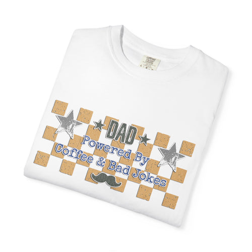 Dad Powered By Coffee & Bad Jokes Textured T-Shirt — Funny Fathers Day Gift