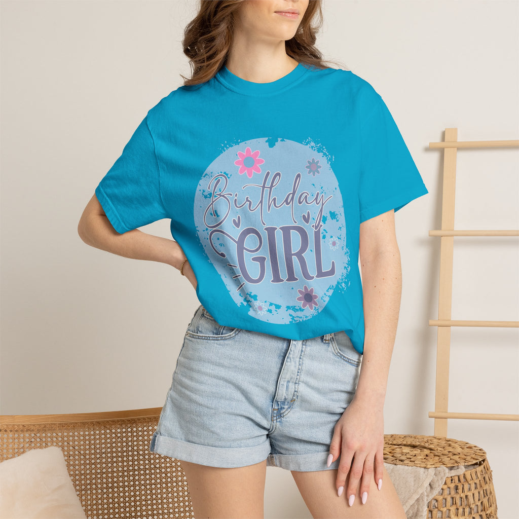 Birthday Girl Textured T-Shirt — Floral Blue Circle Graphic