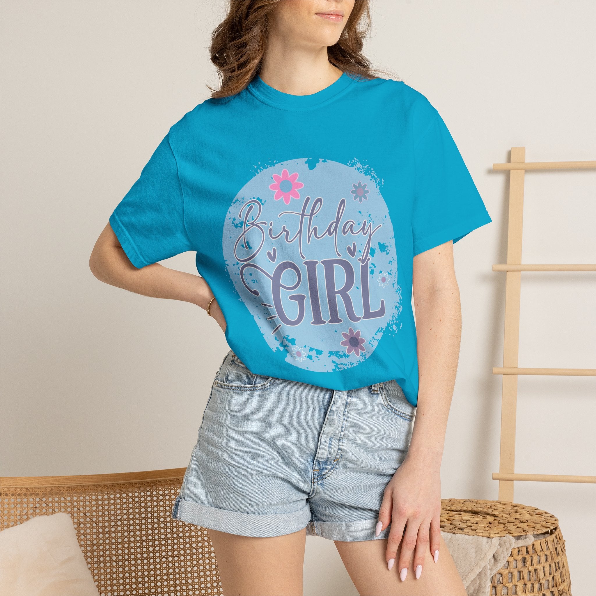 Birthday Girl Textured T-Shirt — Floral Blue Circle Graphic
