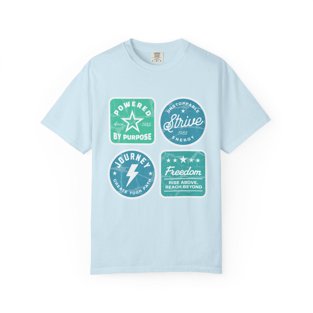 Motivational Badge Graphic Textured T-Shirt — "Powered by Purpose, Strive, Journey, Freedom"