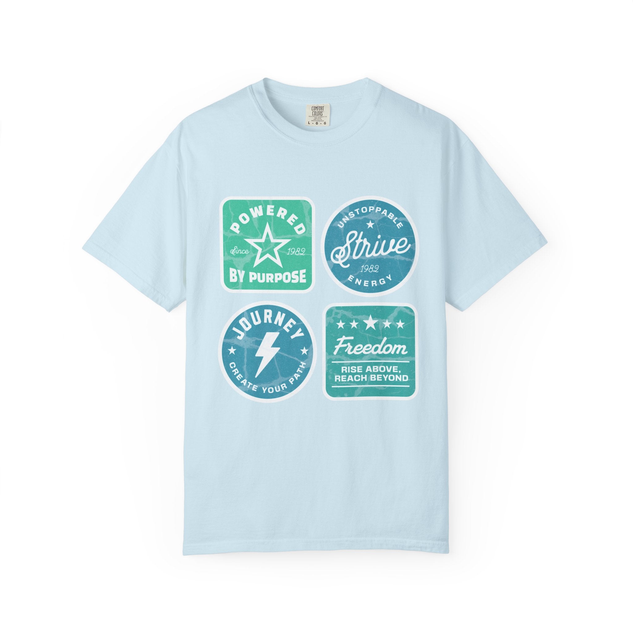 Motivational Badge Graphic Textured T-Shirt — "Powered by Purpose, Strive, Journey, Freedom"