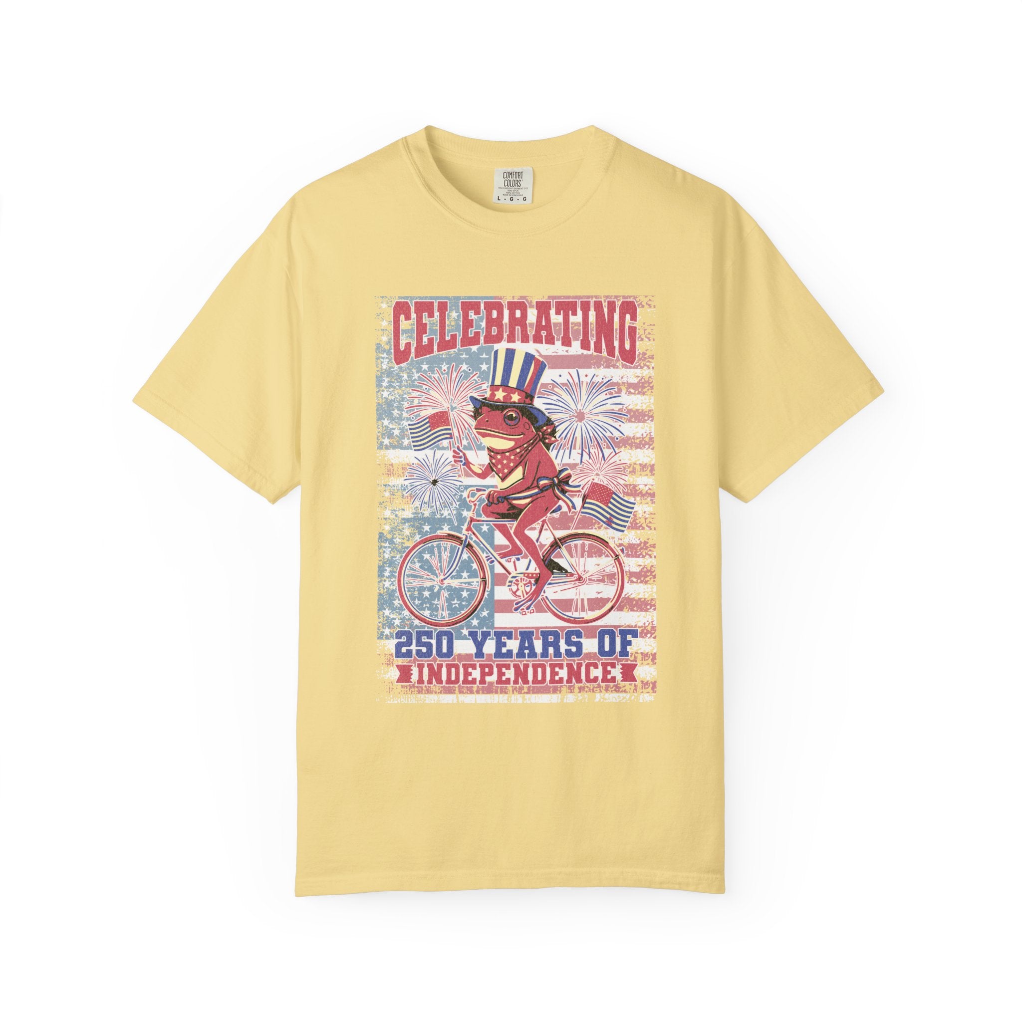 Textured Independence Day Dog on Bike T-Shirt — "Celebrating 250 Years of Independence" Patriotic Tee