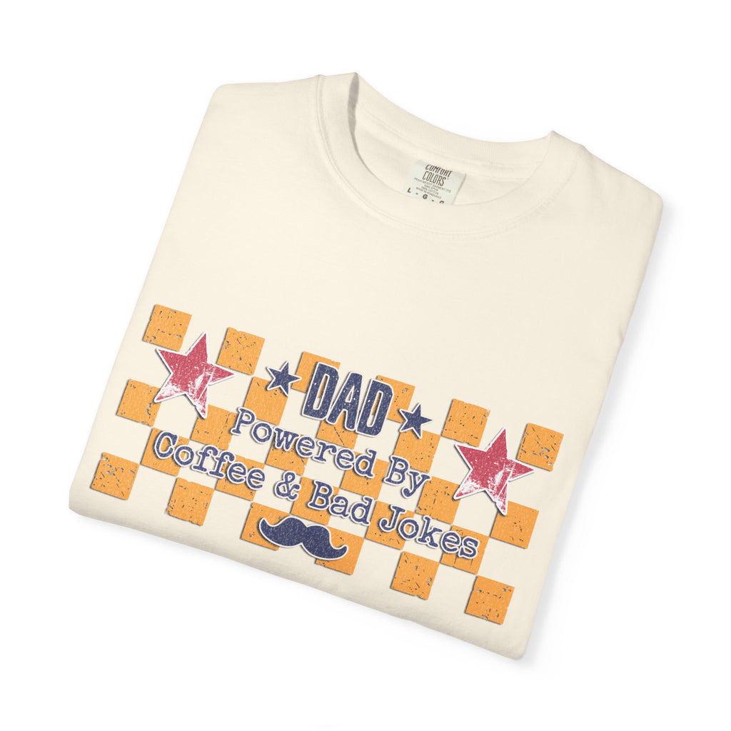 Dad Textured T-Shirt — "Powered by Coffee & Bad Jokes" Retro Checker Fathers Day Tee