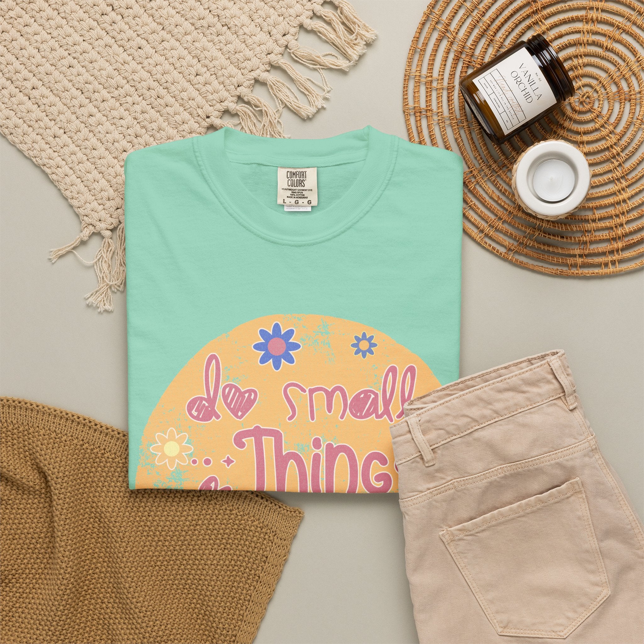 Textured Inspirational Tee — "Do Small Things With Great Love" Floral Graphic