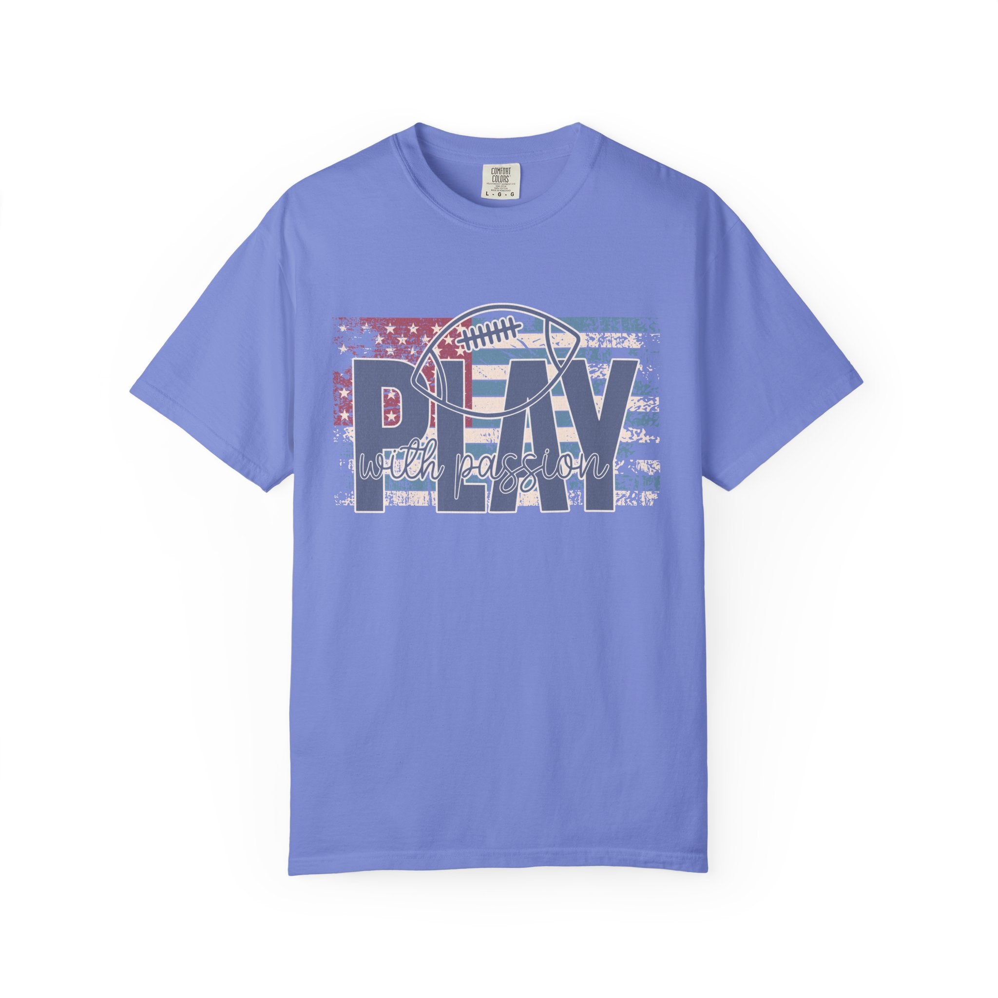 Play With Passion Football Textured Tee — Vintage American Flag Sports Tee