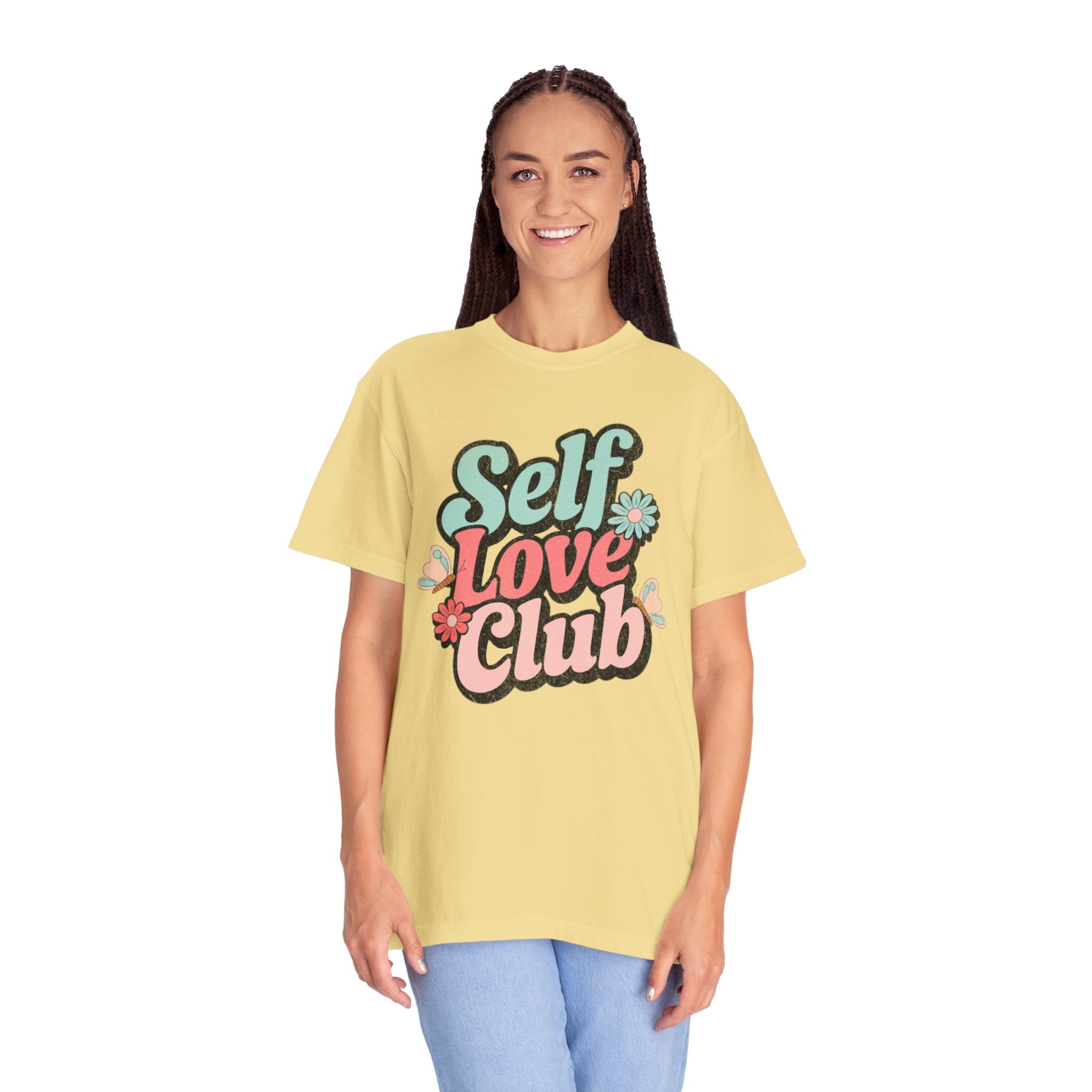 Self Love Club T-shirt | Textured Retro Floral Typography, Pastel 70s Vibe