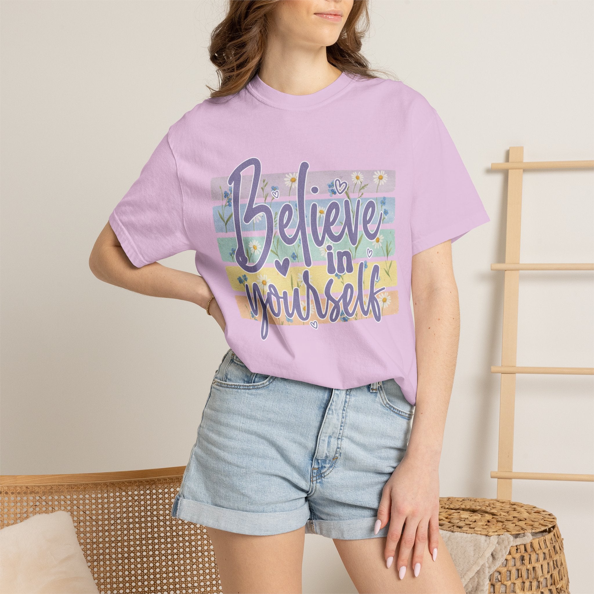 Textured Believe in Yourself T‑Shirt — Pastel Stripes Inspirational Tee