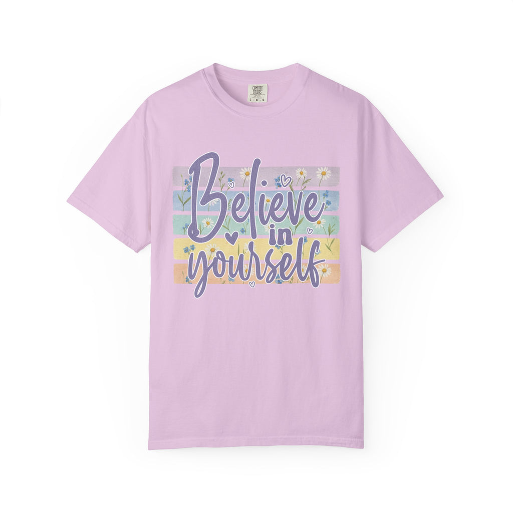 Textured Believe in Yourself T‑Shirt — Pastel Stripes Inspirational Tee