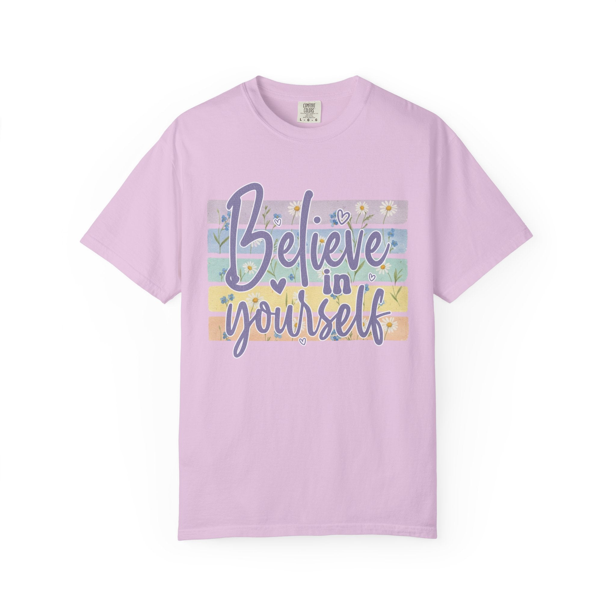 Textured Believe in Yourself T‑Shirt — Pastel Stripes Inspirational Tee