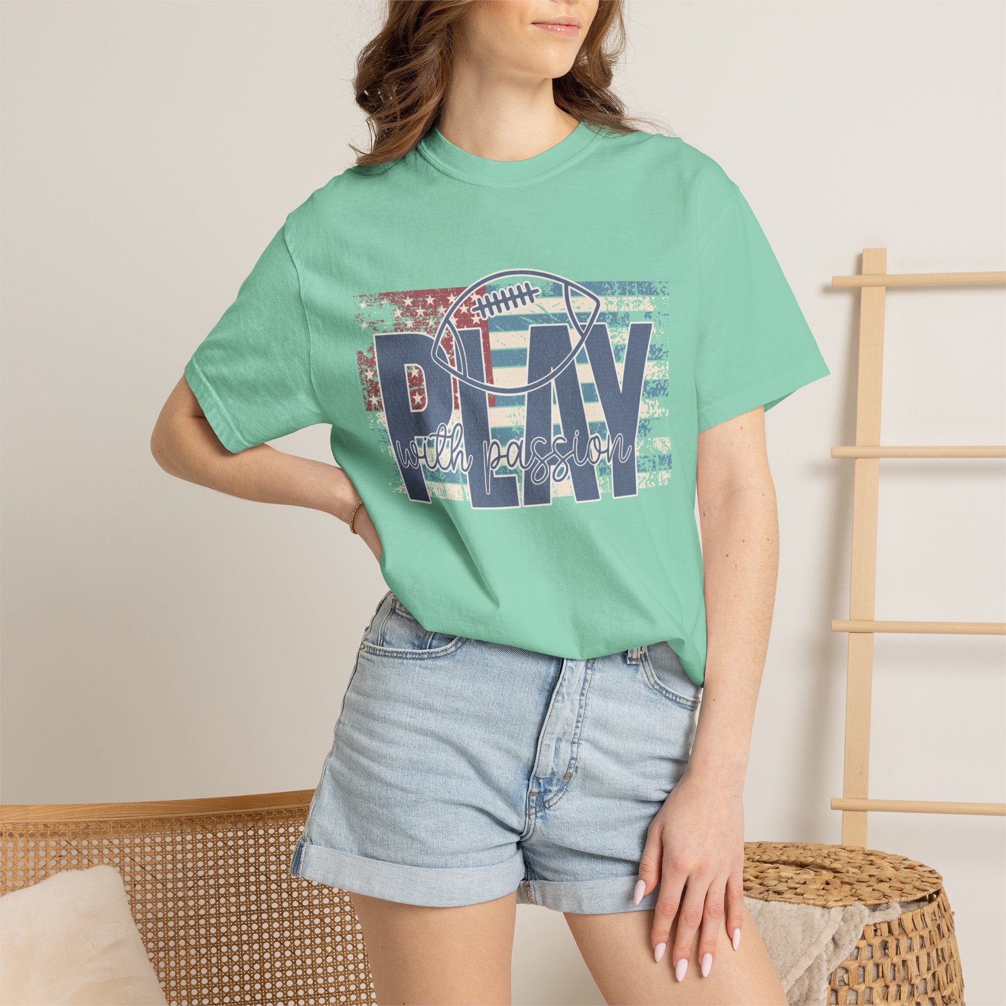 Play With Passion Football Textured Tee — Vintage American Flag Sports Tee