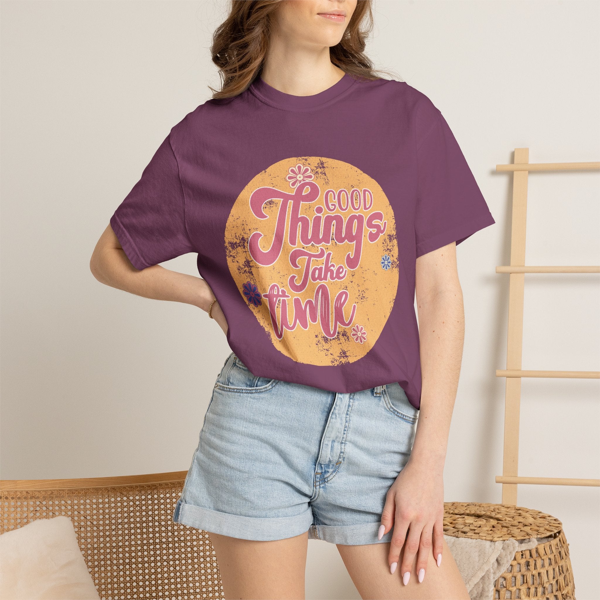 Good Things Take Time T-Shirt | Textured Retro Script Floral Graphic