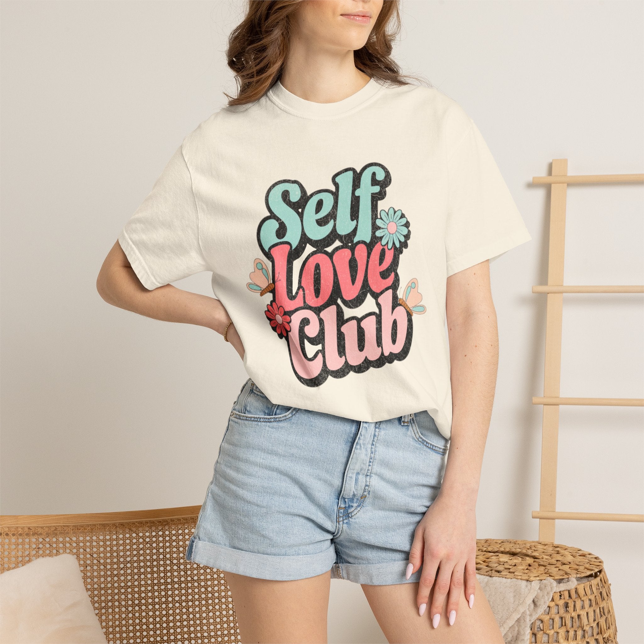 Self Love Club T-shirt | Textured Retro Floral Typography, Pastel 70s Vibe