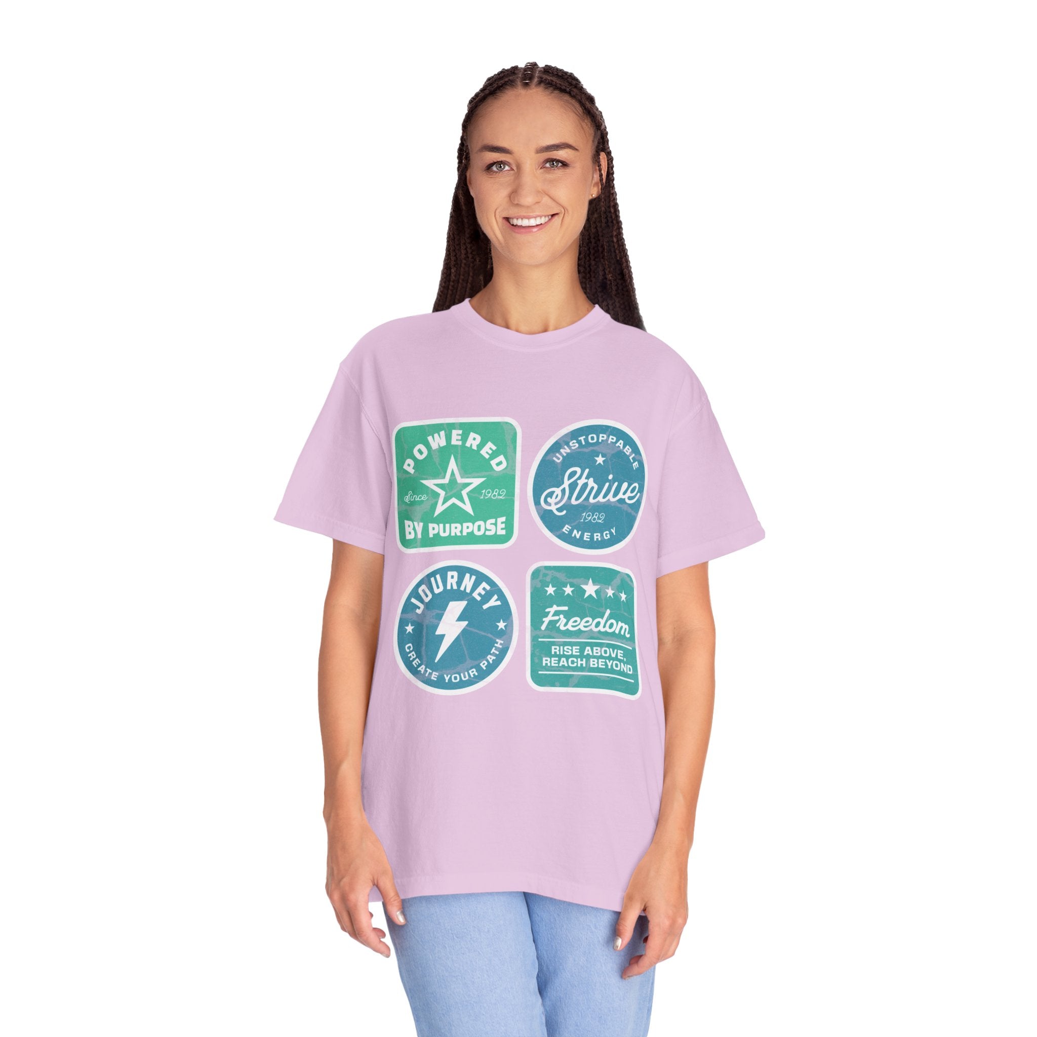 Motivational Badge Graphic Textured T-Shirt — "Powered by Purpose, Strive, Journey, Freedom"