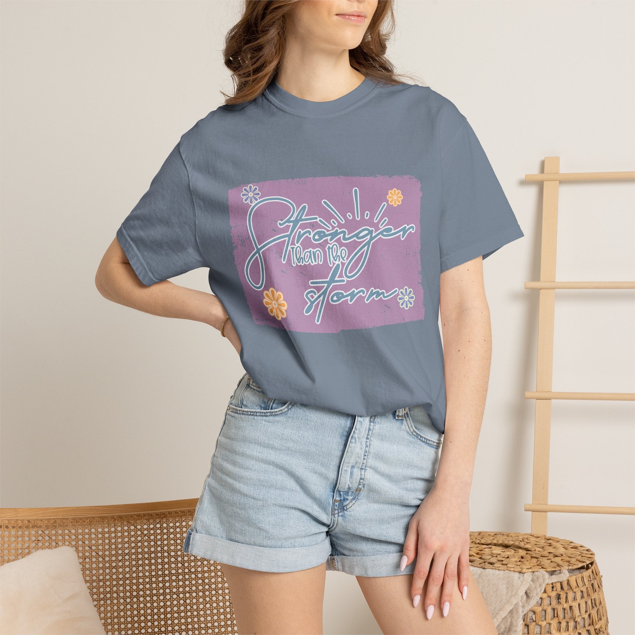 Stronger Than The Storm T-shirt |Textured Floral Script Graphic