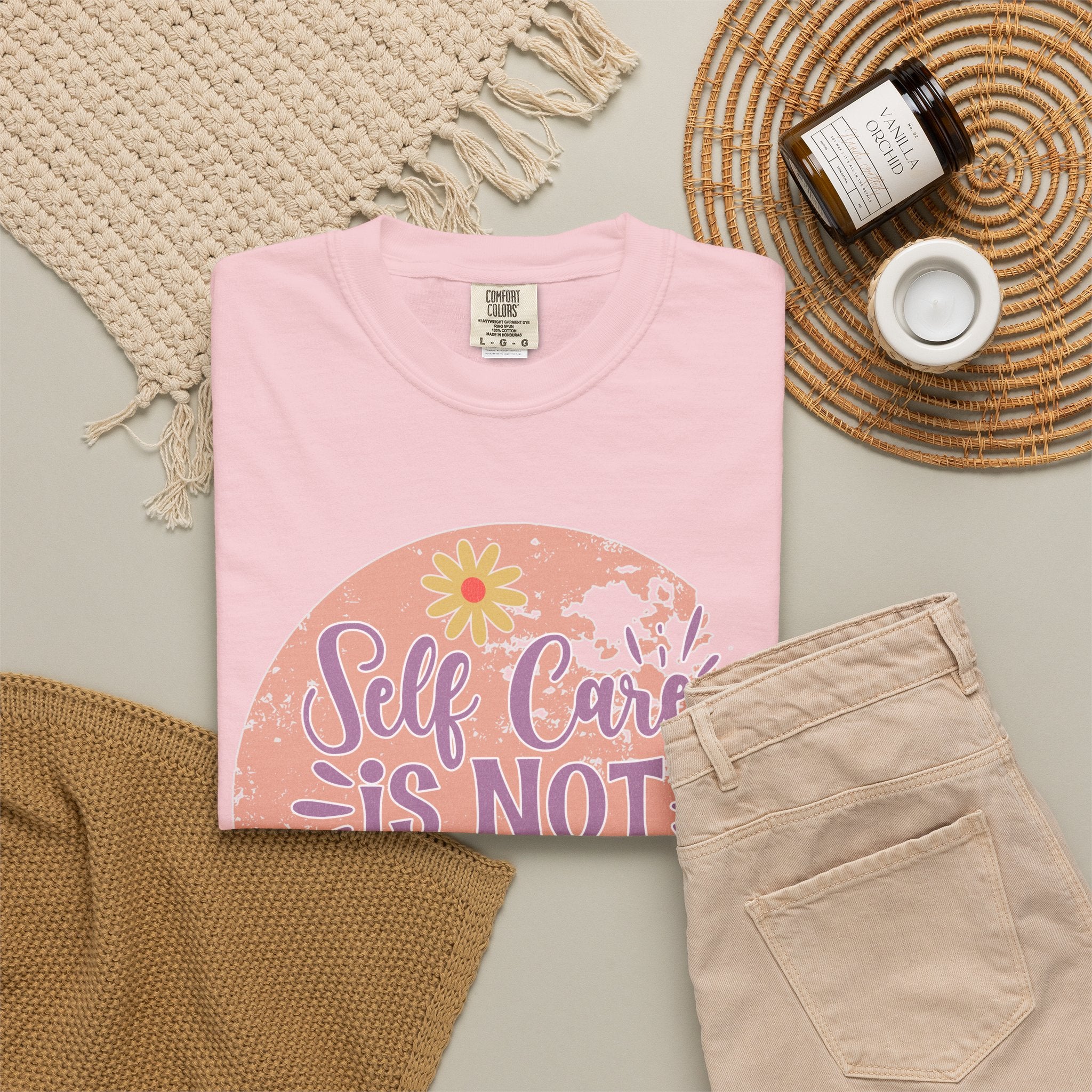 Self Care Is Not Selfish Texture  T-Shirt — Floral Mental Health Awareness Tee