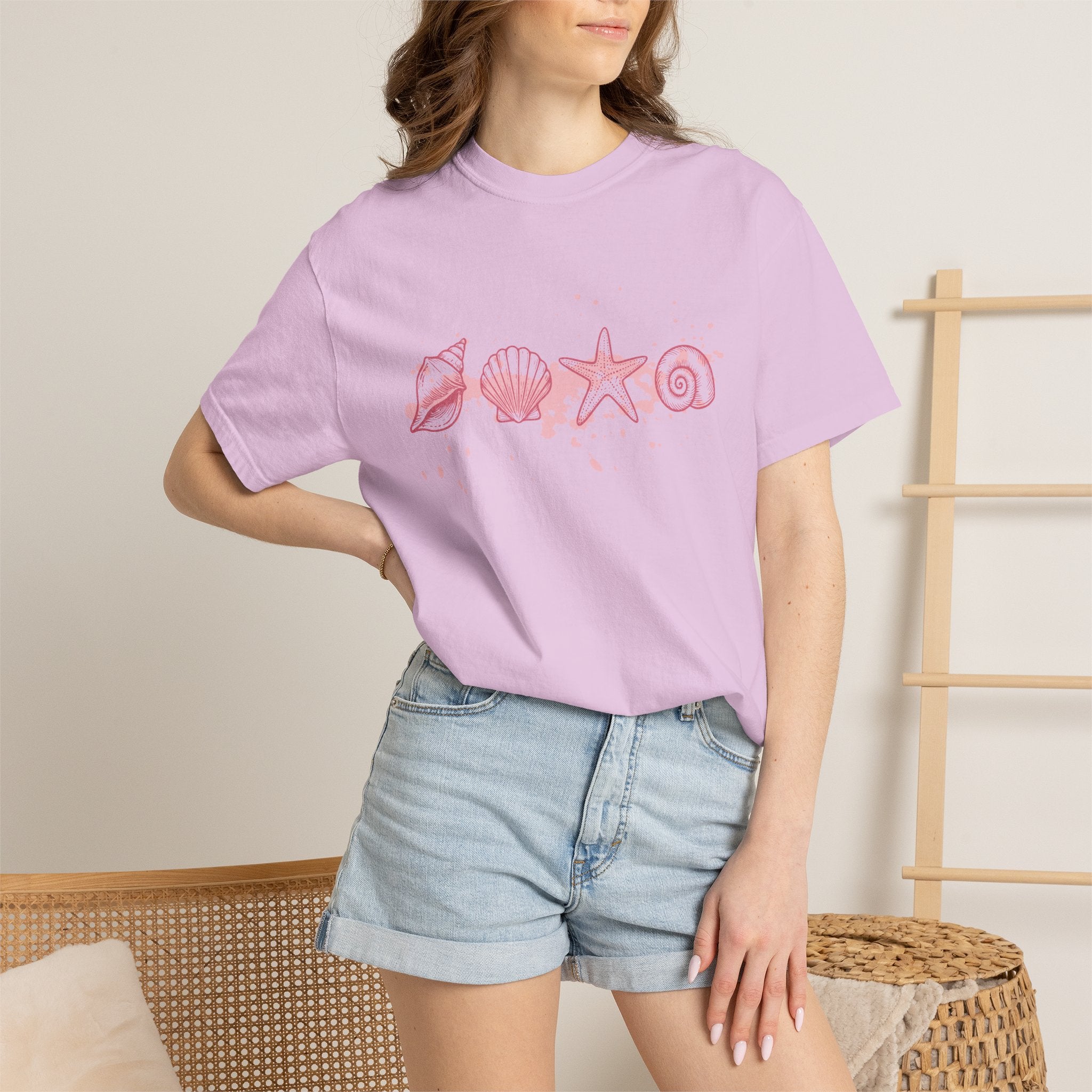 Textured Seashell Line Art T-Shirt — Pink Coastal Shells Graphic Tee