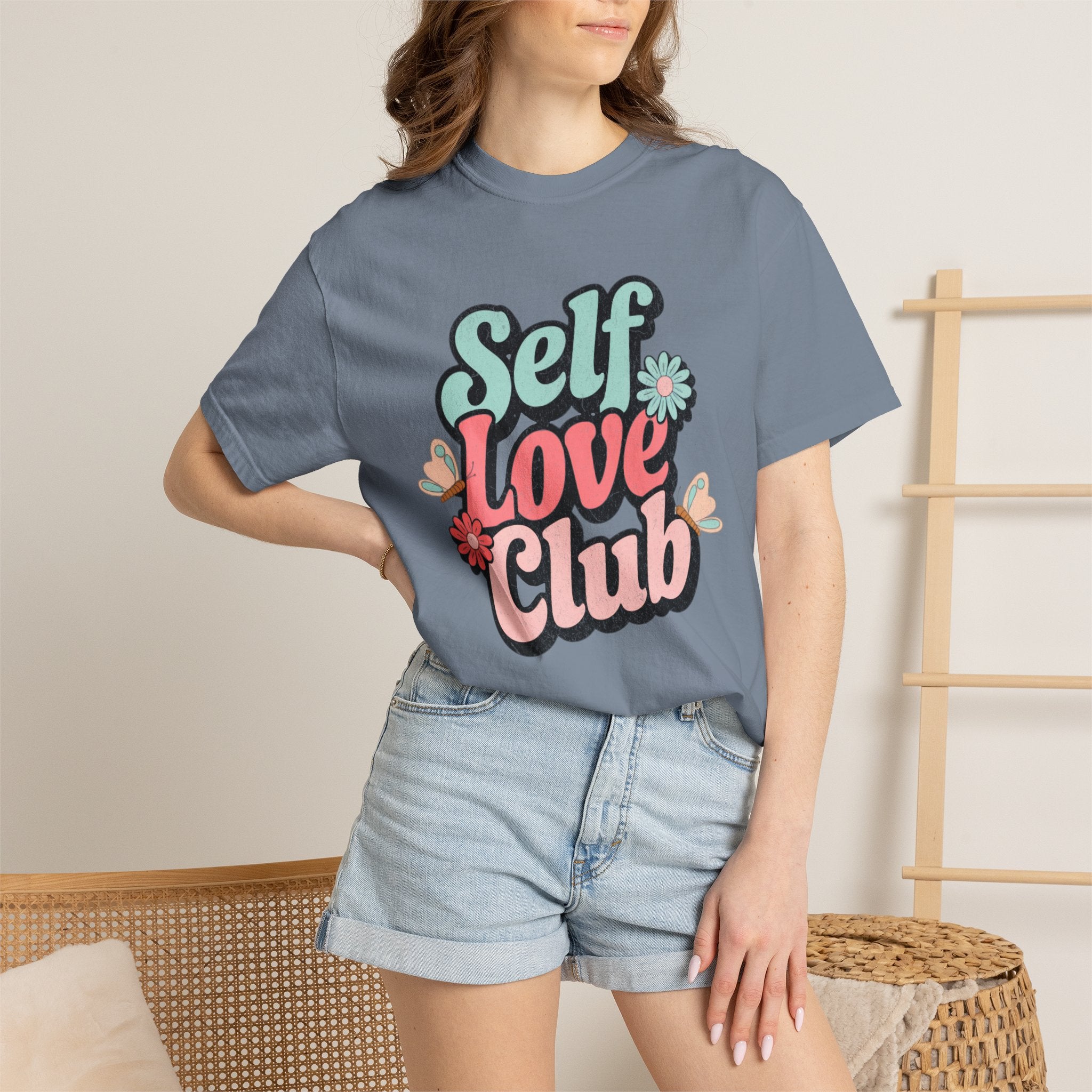 Self Love Club T-shirt | Textured Retro Floral Typography, Pastel 70s Vibe