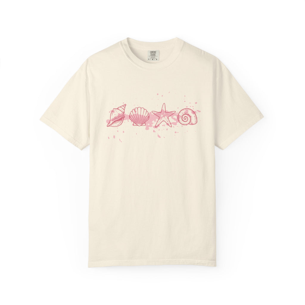 Textured Seashell Line Art T-Shirt — Pink Coastal Shells Graphic Tee