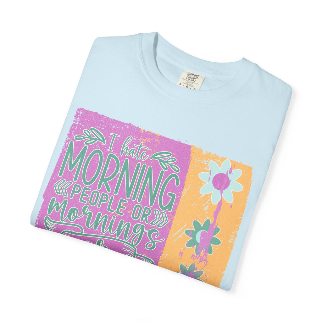 Graphic Textured T-Shirt — “Not a Morning Person” Retro Floral Block Design