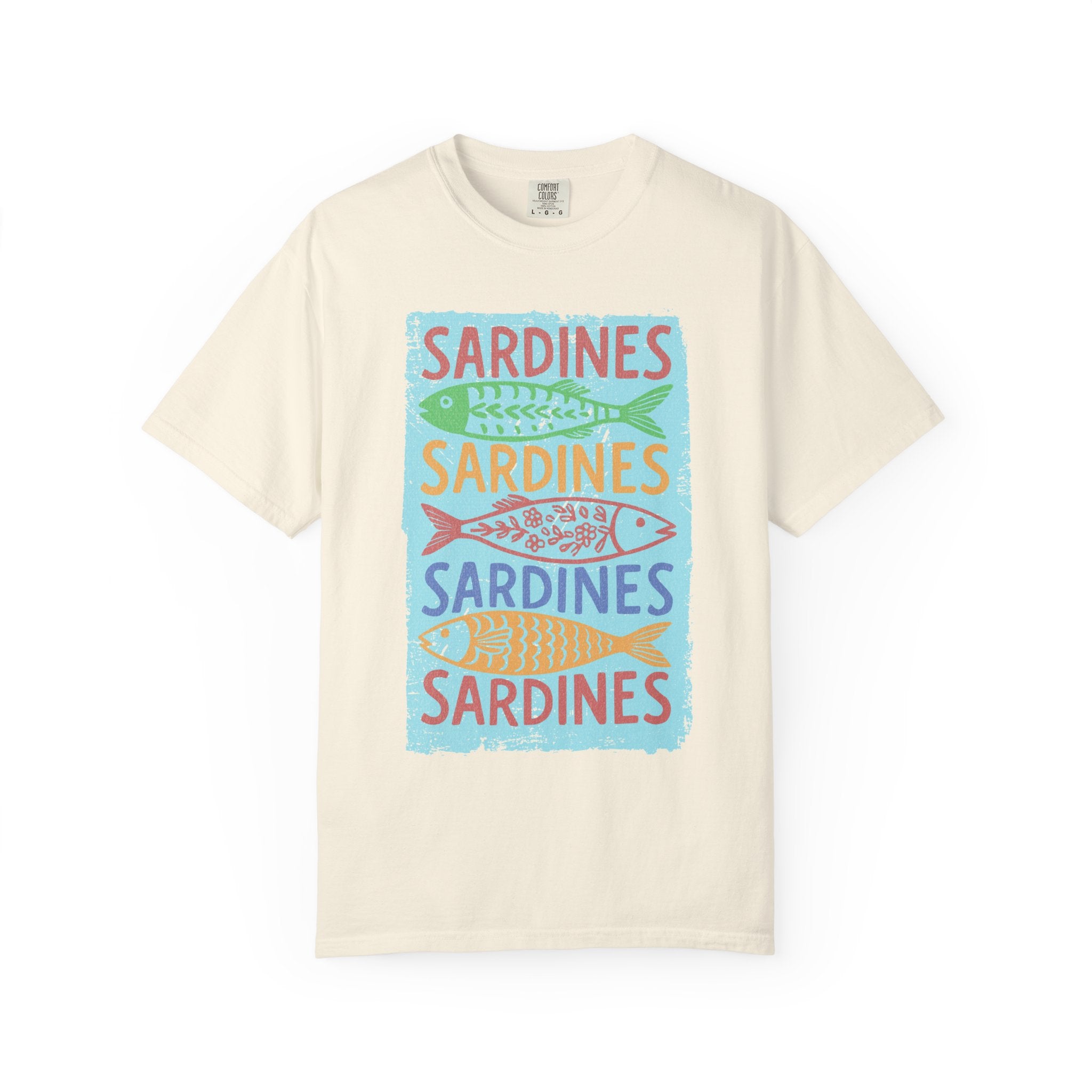 Sardines Colorblock Graphic Textured T-Shirt — Retro Coastal Fish Tee
