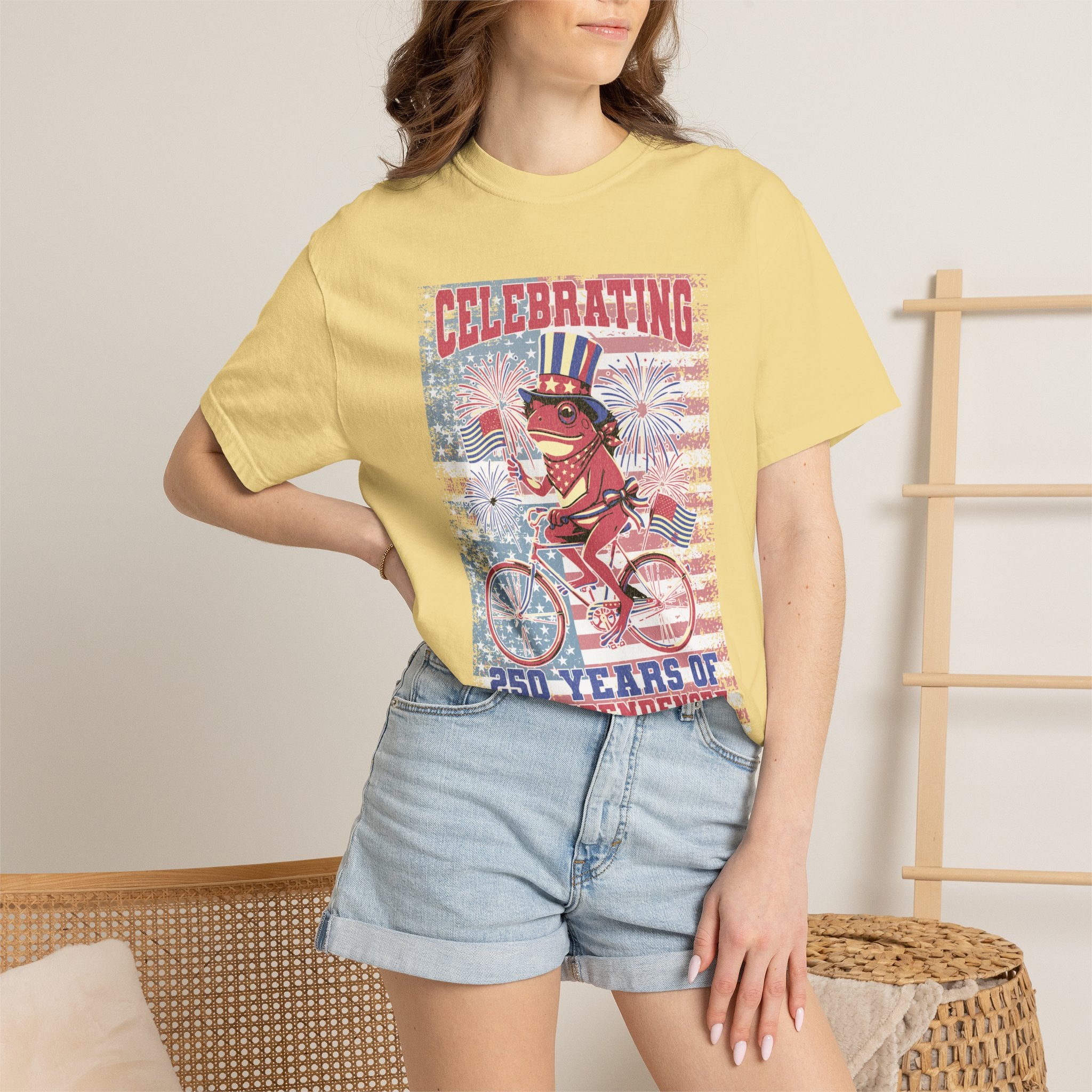 Textured Independence Day Dog on Bike T-Shirt — "Celebrating 250 Years of Independence" Patriotic Tee