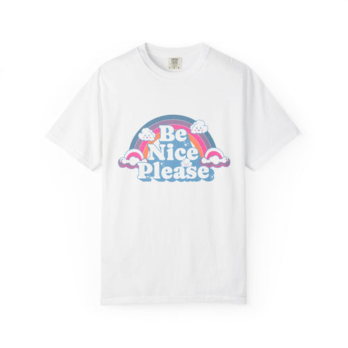 Be Nice Please Textured T-Shirt — Retro Rainbow Positive Message Tee