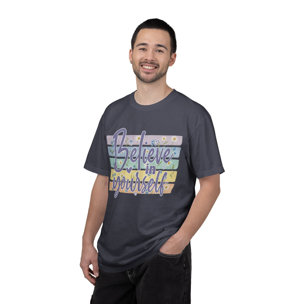 Textured Believe in Yourself T‑Shirt — Pastel Stripes Inspirational Tee