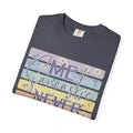 Textured Sarcastic Never T-Shirt — Pastel Striped 'Me? Sarcastic? Never' Graphic Tee