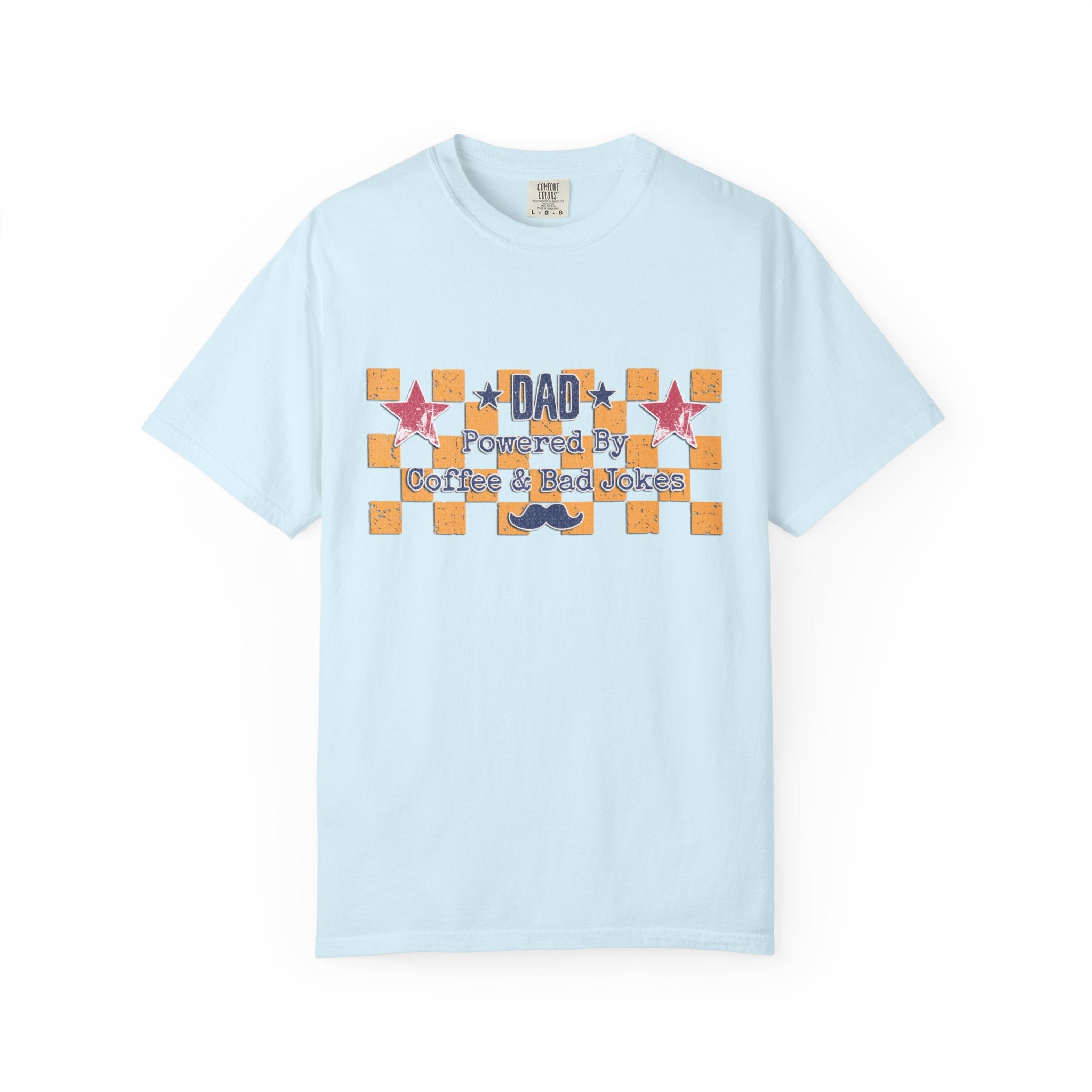 Dad Textured T-Shirt — "Powered by Coffee & Bad Jokes" Retro Checker Fathers Day Tee