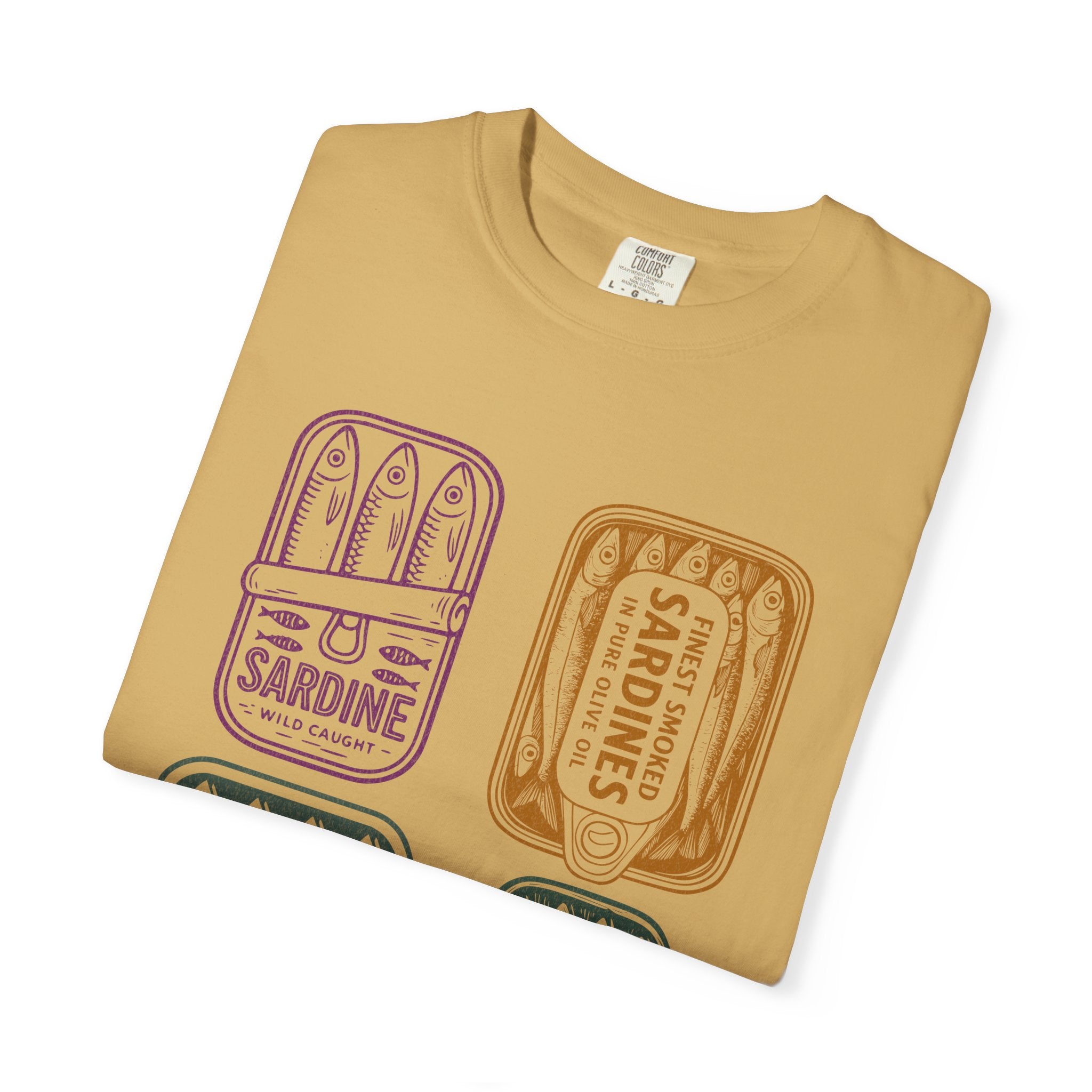 Sardine Tin Graphic Textured T-Shirt — Vintage Seafood Illustration Tee