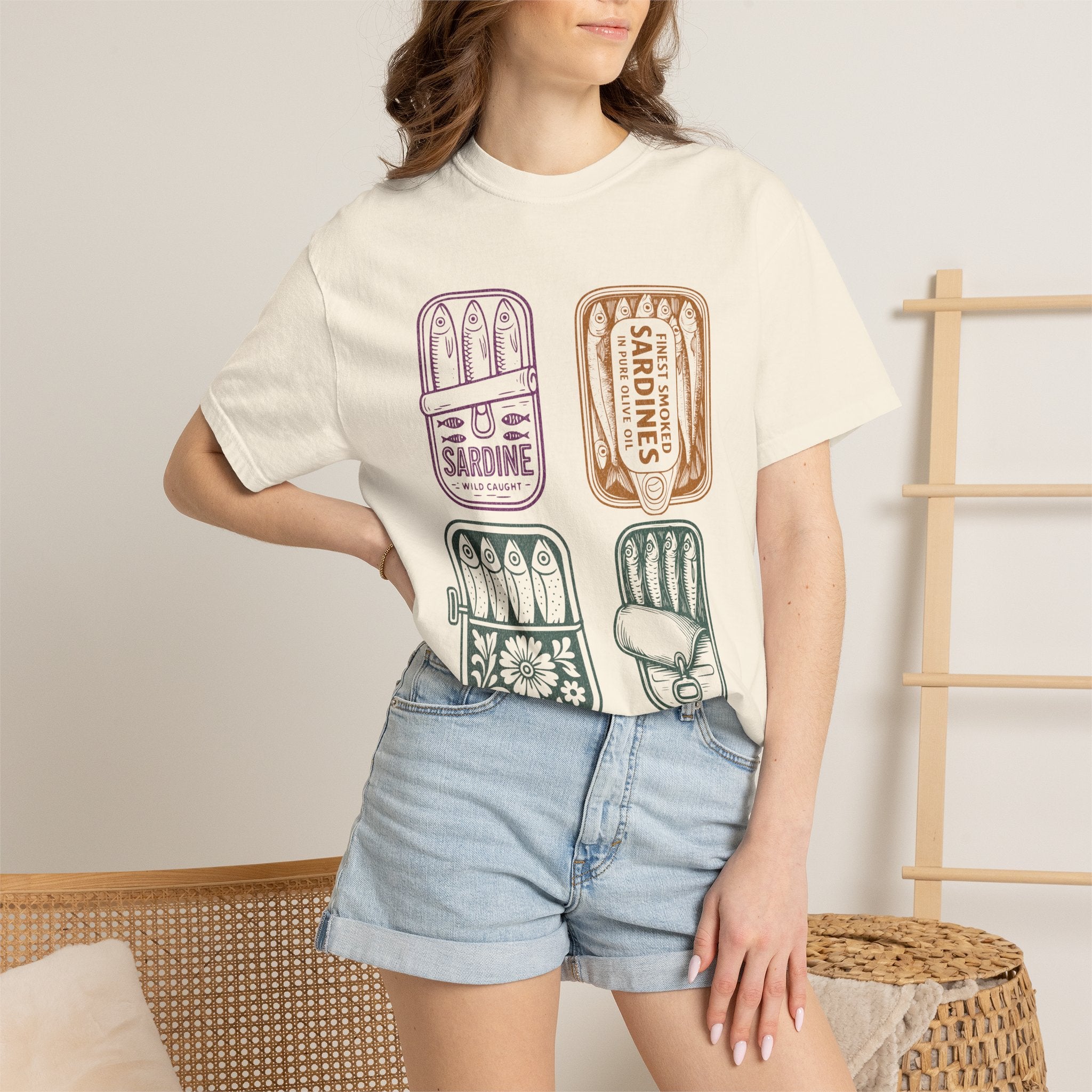 Sardine Tin Graphic Textured T-Shirt — Vintage Seafood Illustration Tee