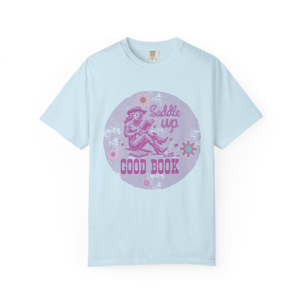 Textured T-Shirt — “Saddle Up Good Book” Retro Western Graphic Tee
