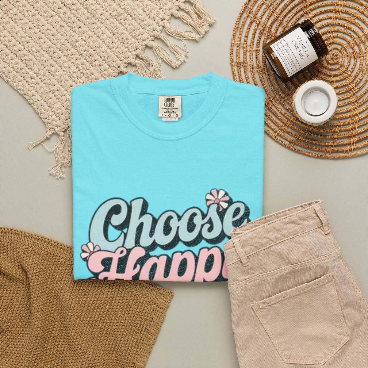 Choose Happy retro script shirt | Textured Positive message tee, pastel floral design