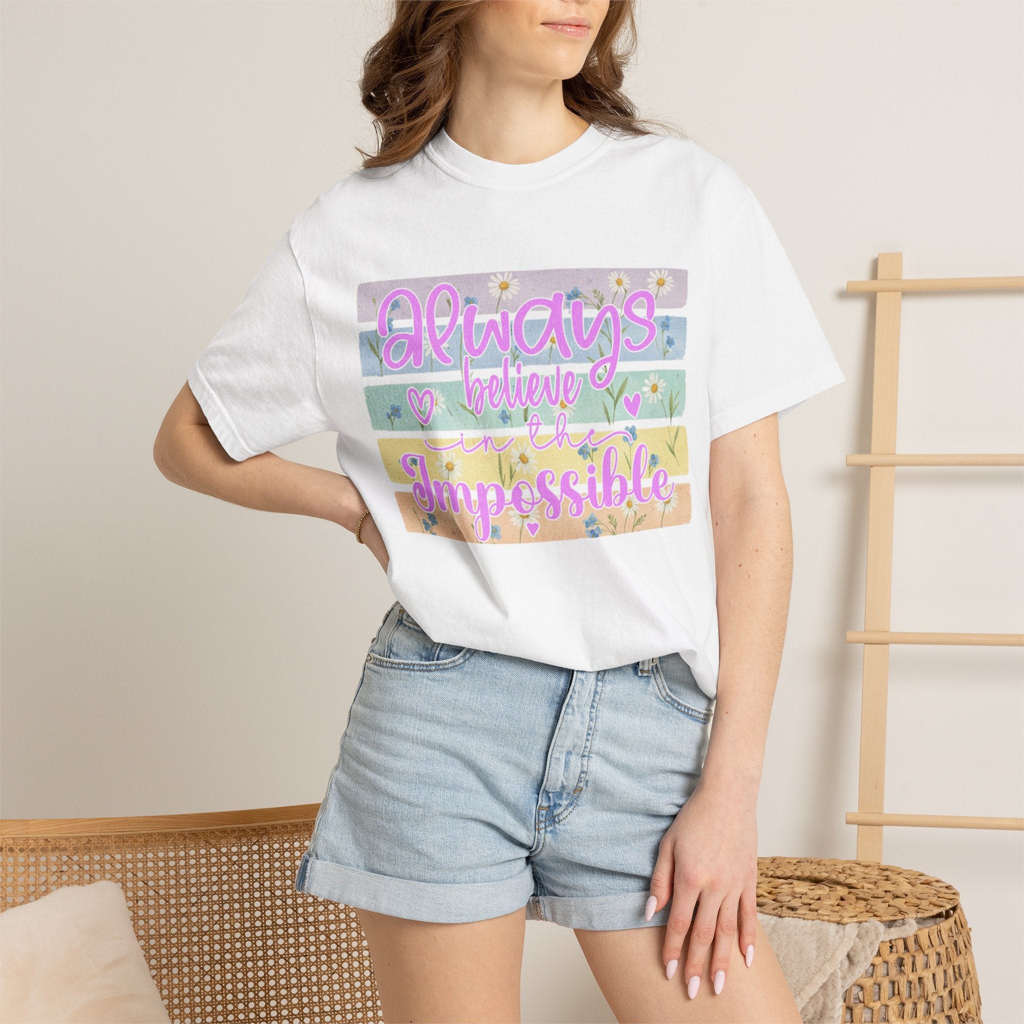 Textured Always Believe Impossible T-Shirt — Pastel Inspirational Graphic Tee