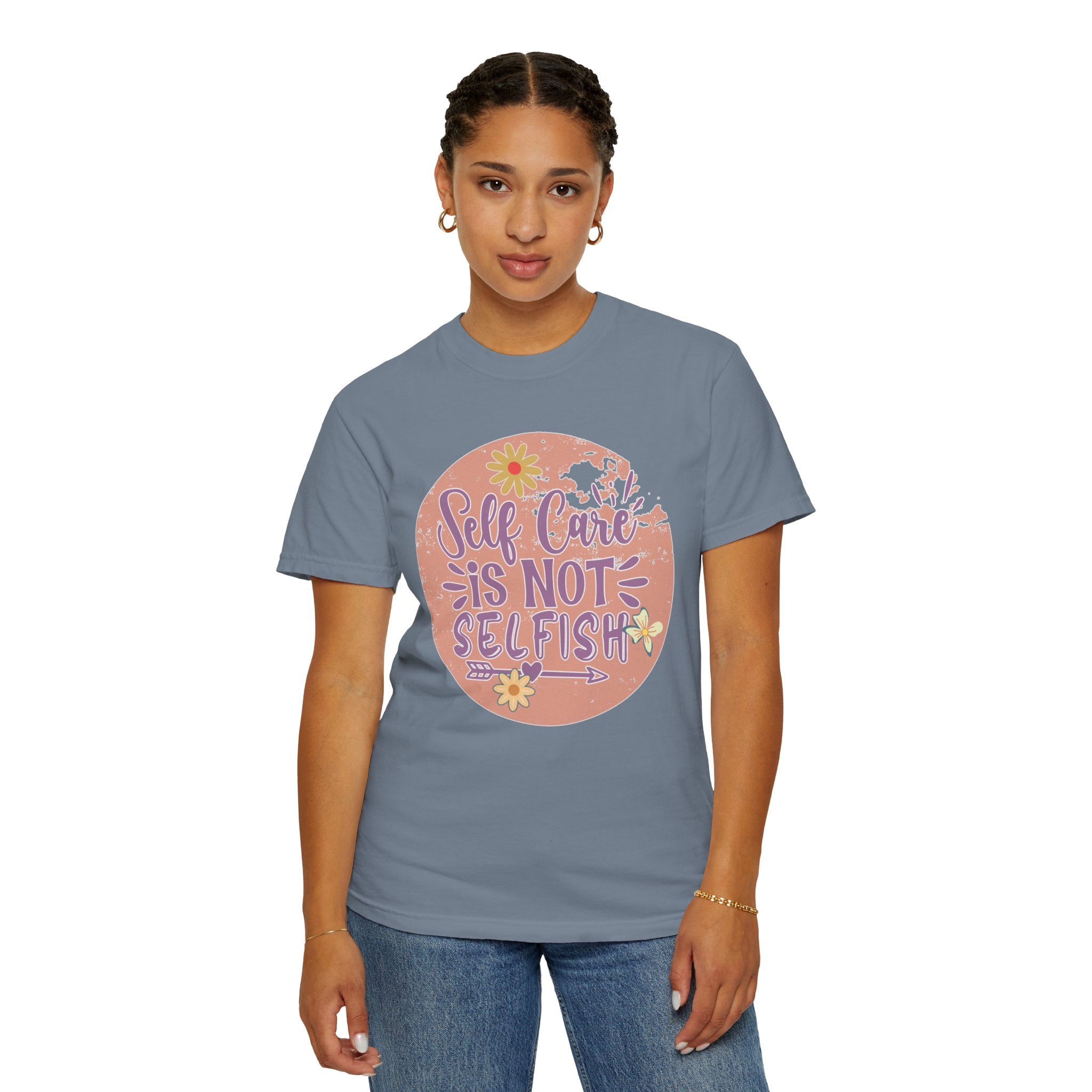 Self Care Is Not Selfish Texture  T-Shirt — Floral Mental Health Awareness Tee