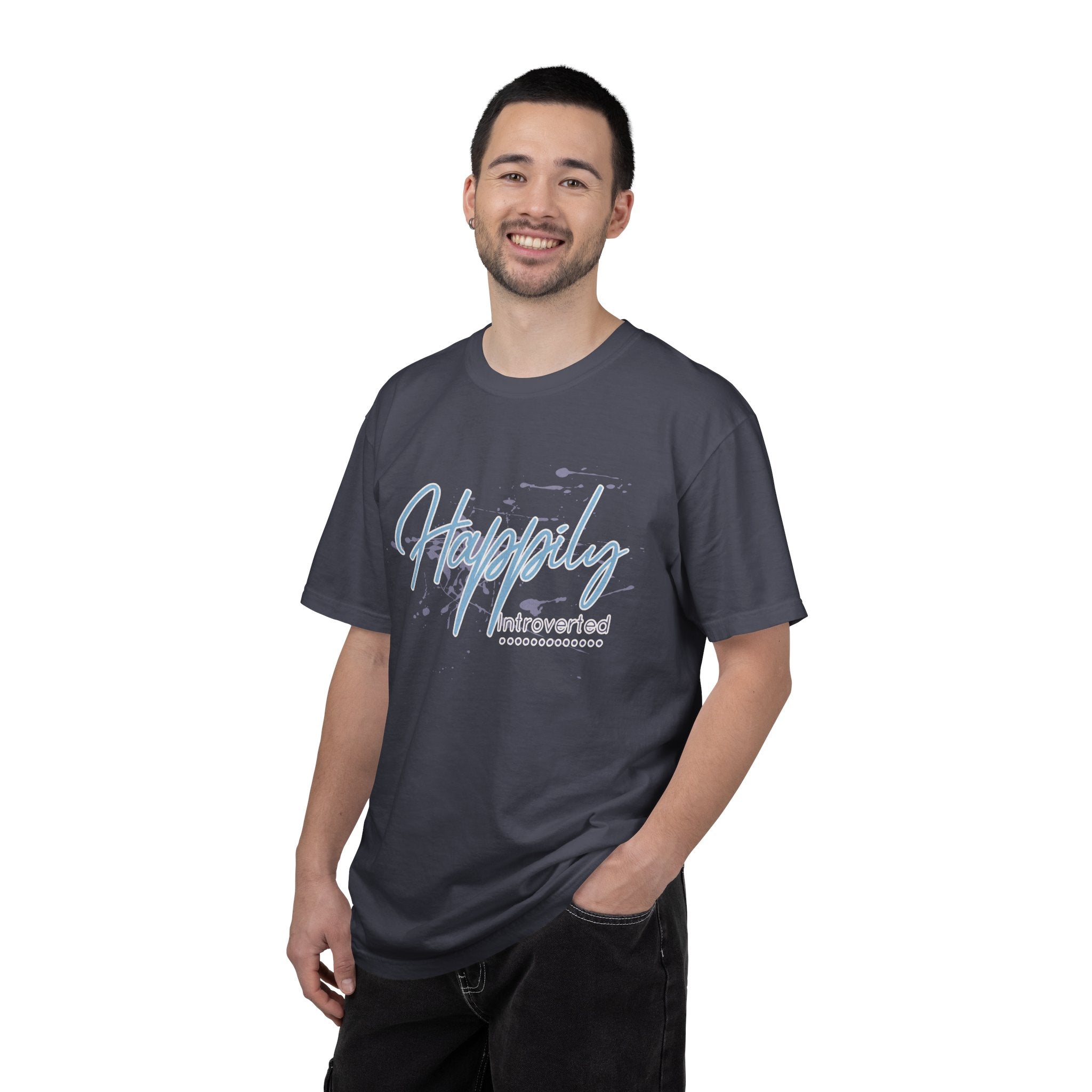 Introverted Aesthetic Textured Tee — "Happily" Script Graphic T-Shirt
