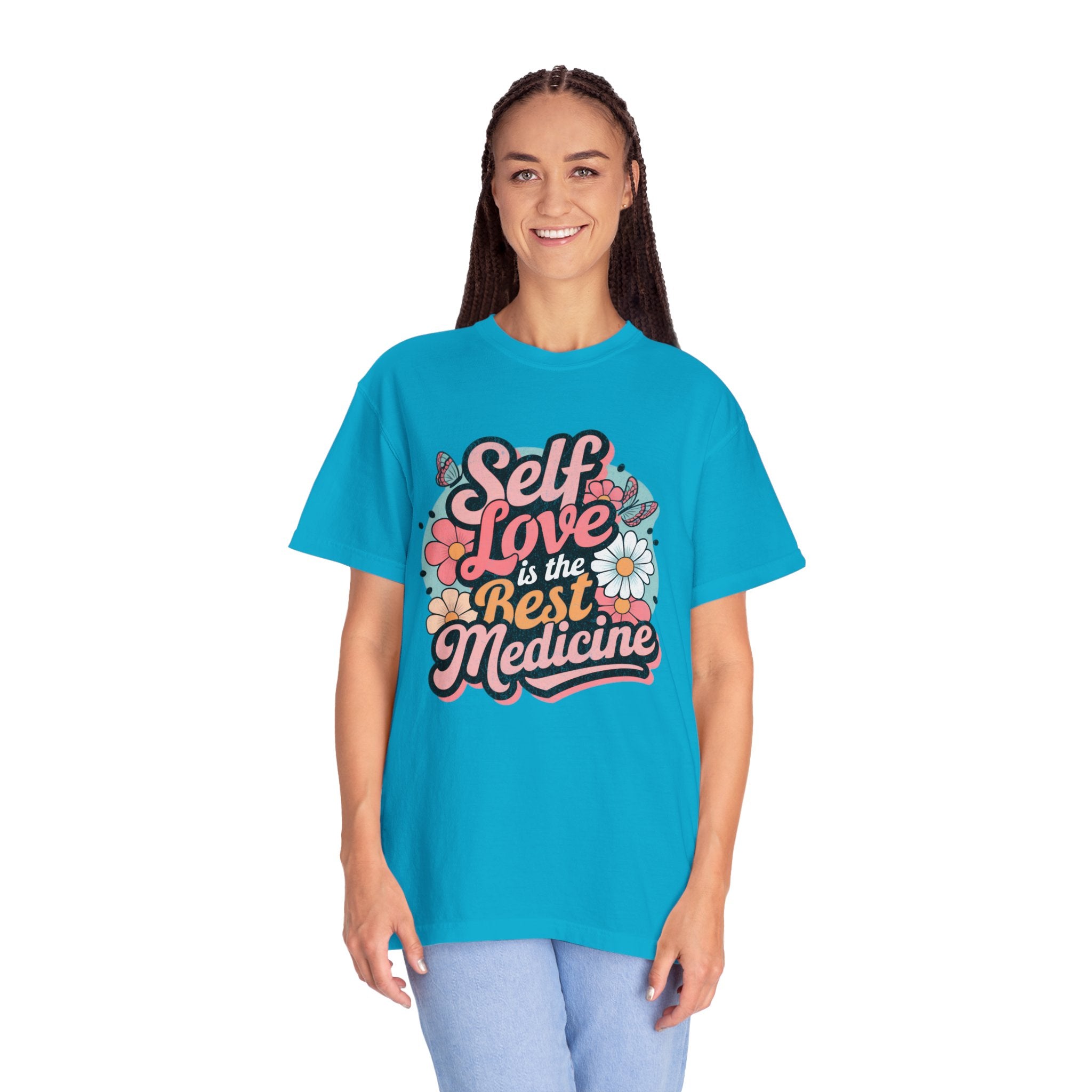 Self Love is the Best Medicine T-Shirt |Textured Floral Script Mental Health Design