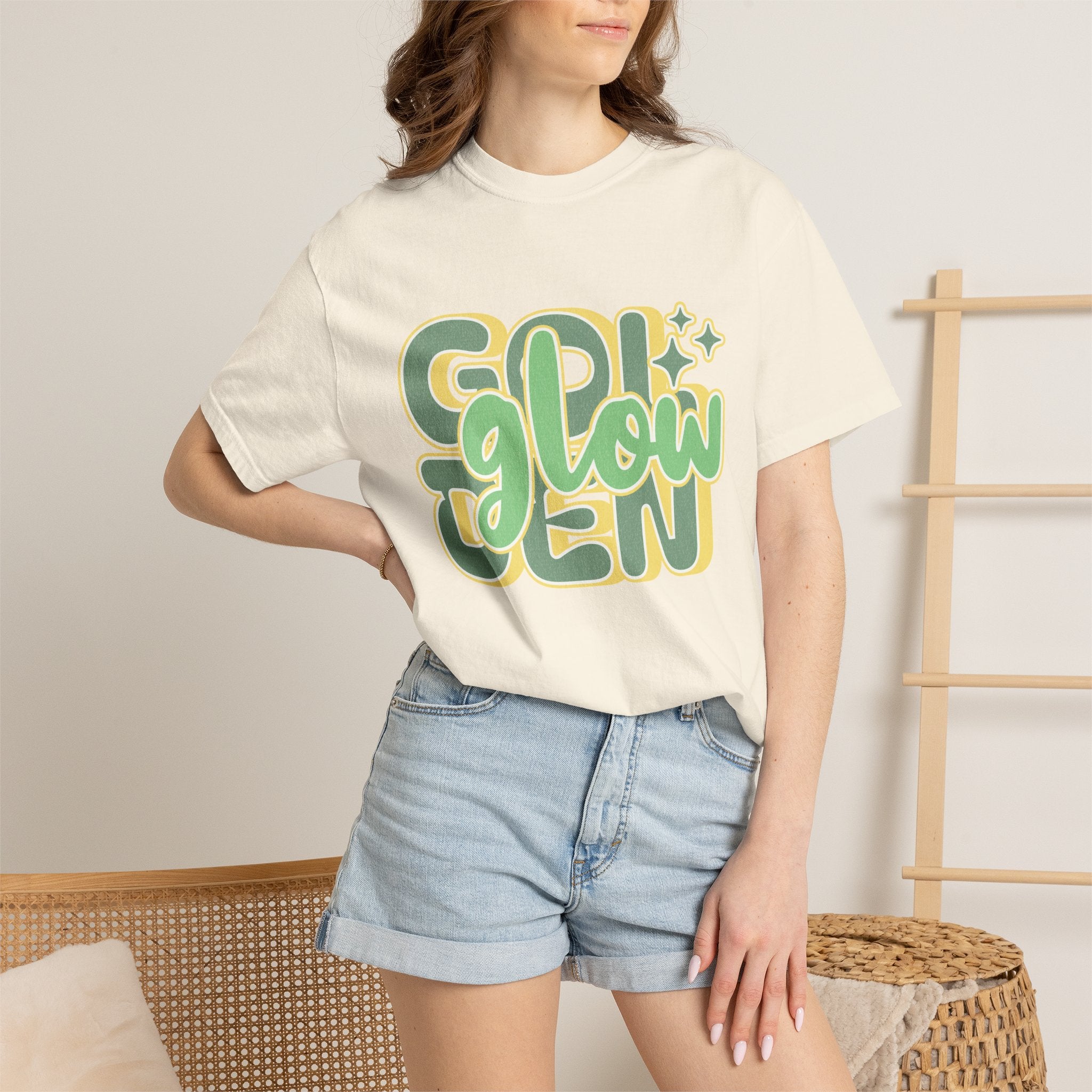 Golden Glow Textured T-Shirt — Retro 'Glow' Graphic Tee