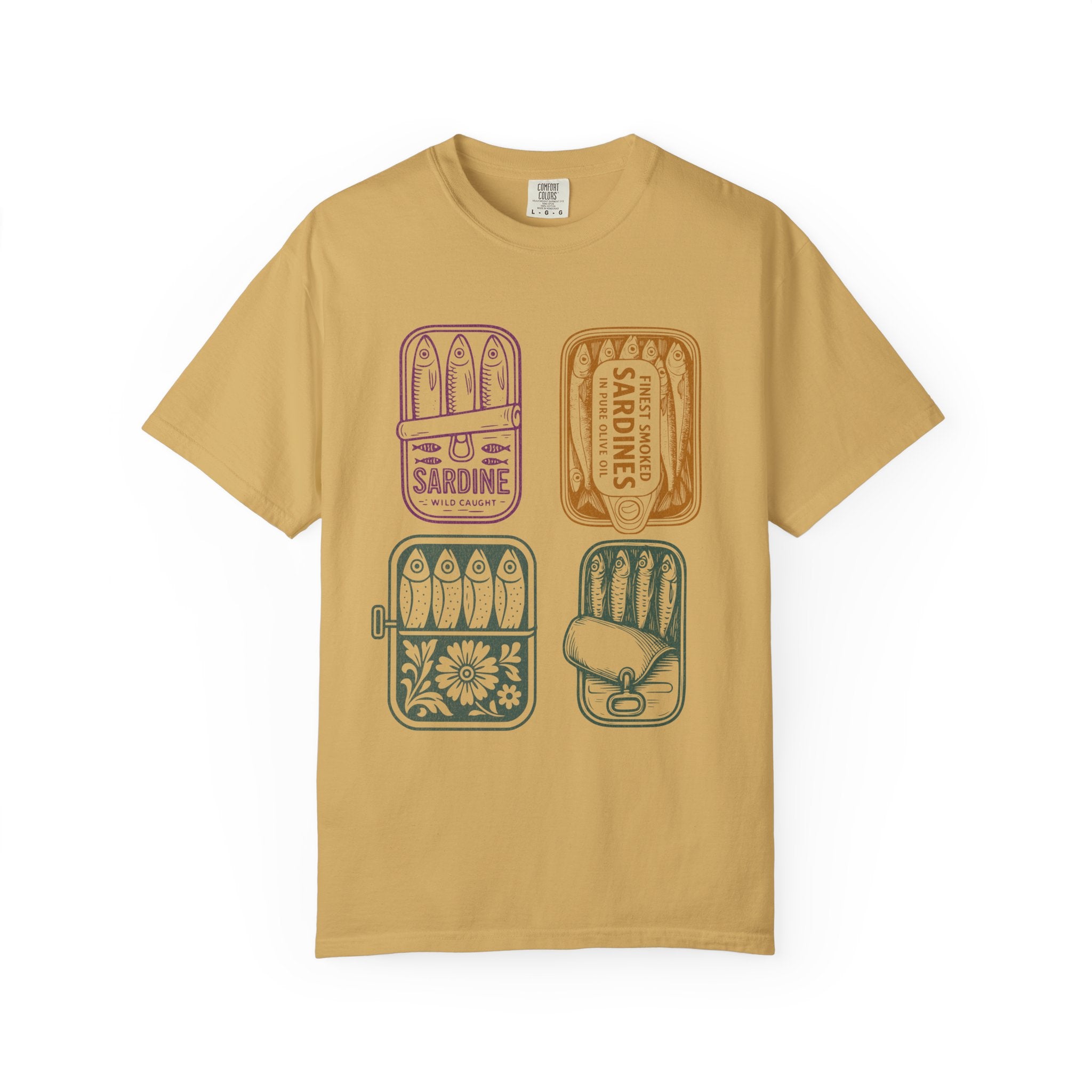 Sardine Tin Graphic Textured T-Shirt — Vintage Seafood Illustration Tee