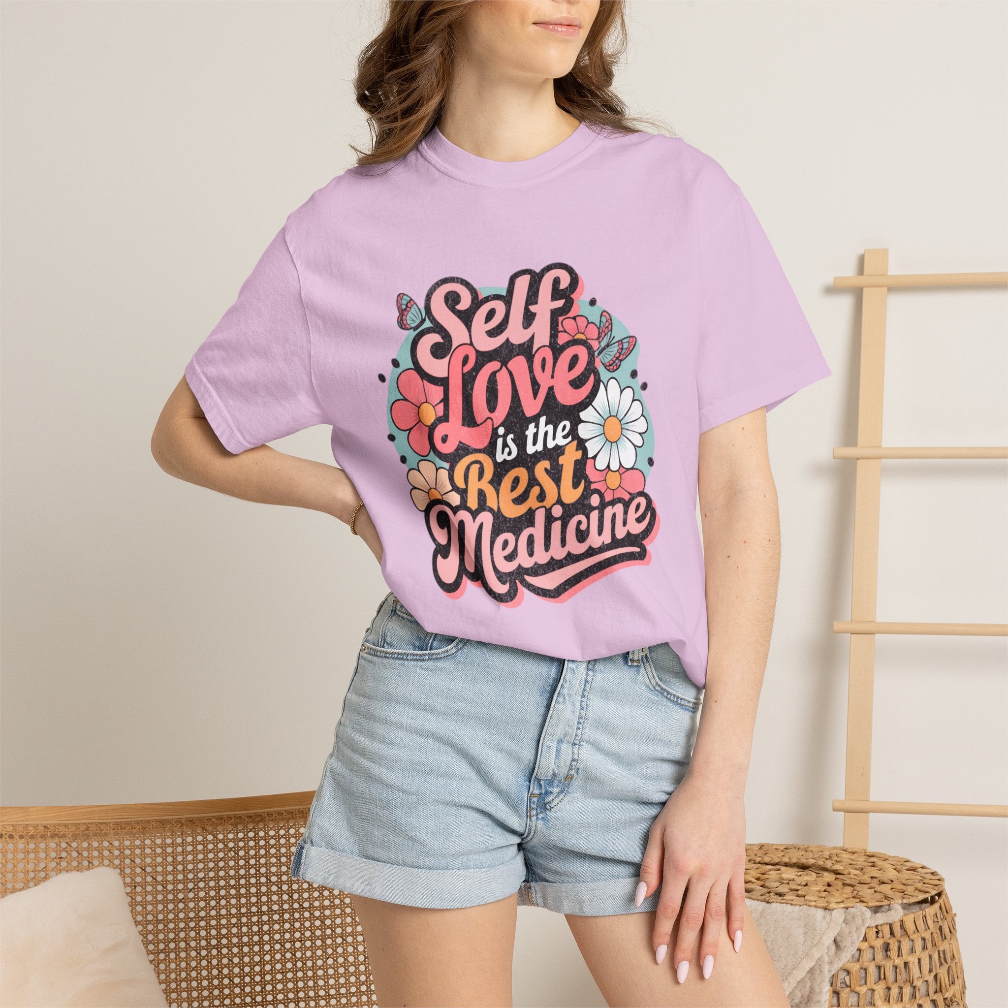 Self Love is the Best Medicine T-Shirt |Textured Floral Script Mental Health Design