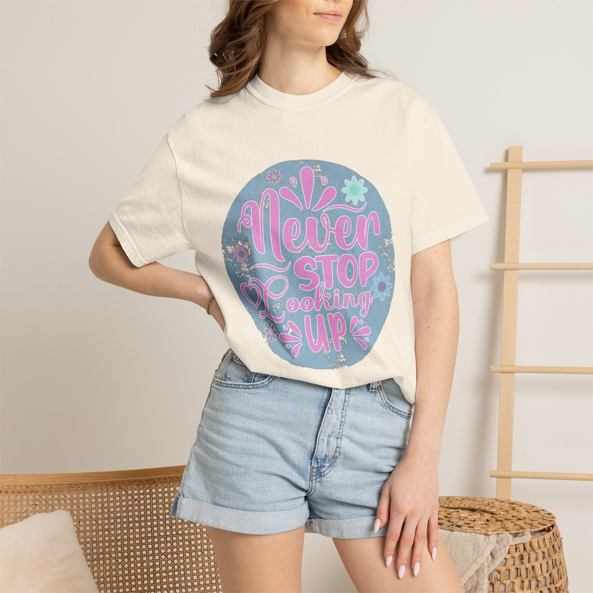 Textured T-Shirt — "Never Stop Looking Up" Inspirational Graphic Tee