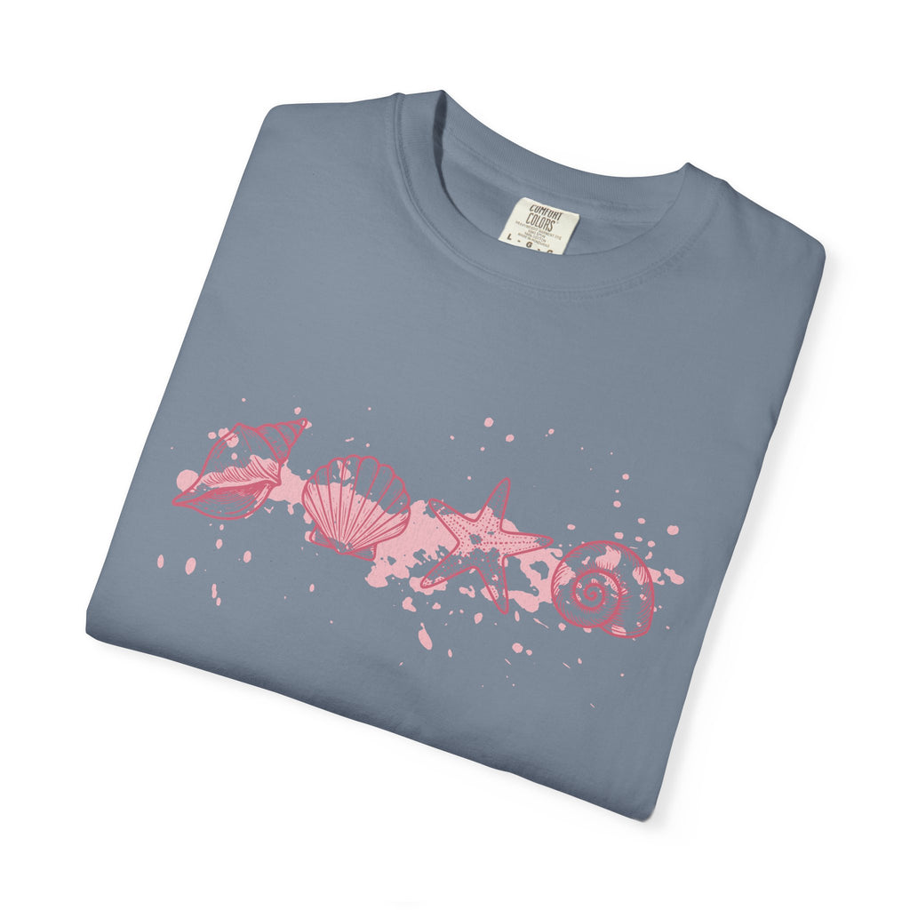 Textured Seashell Line Art T-Shirt — Pink Coastal Shells Graphic Tee
