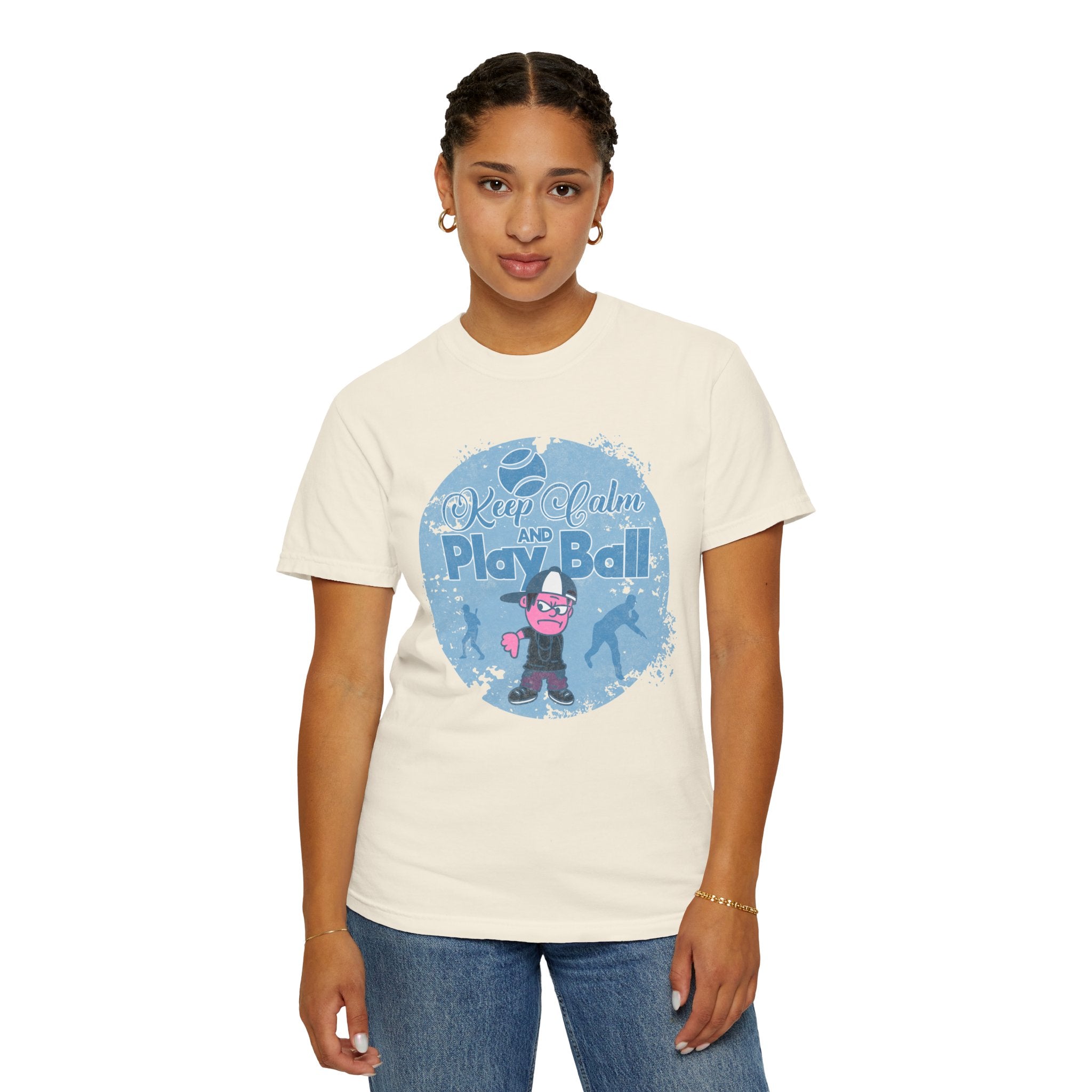 Textured Keep Calm and Play Ball Baseball T-Shirt — Cute Mascot Sports Tee for Kids & Fans