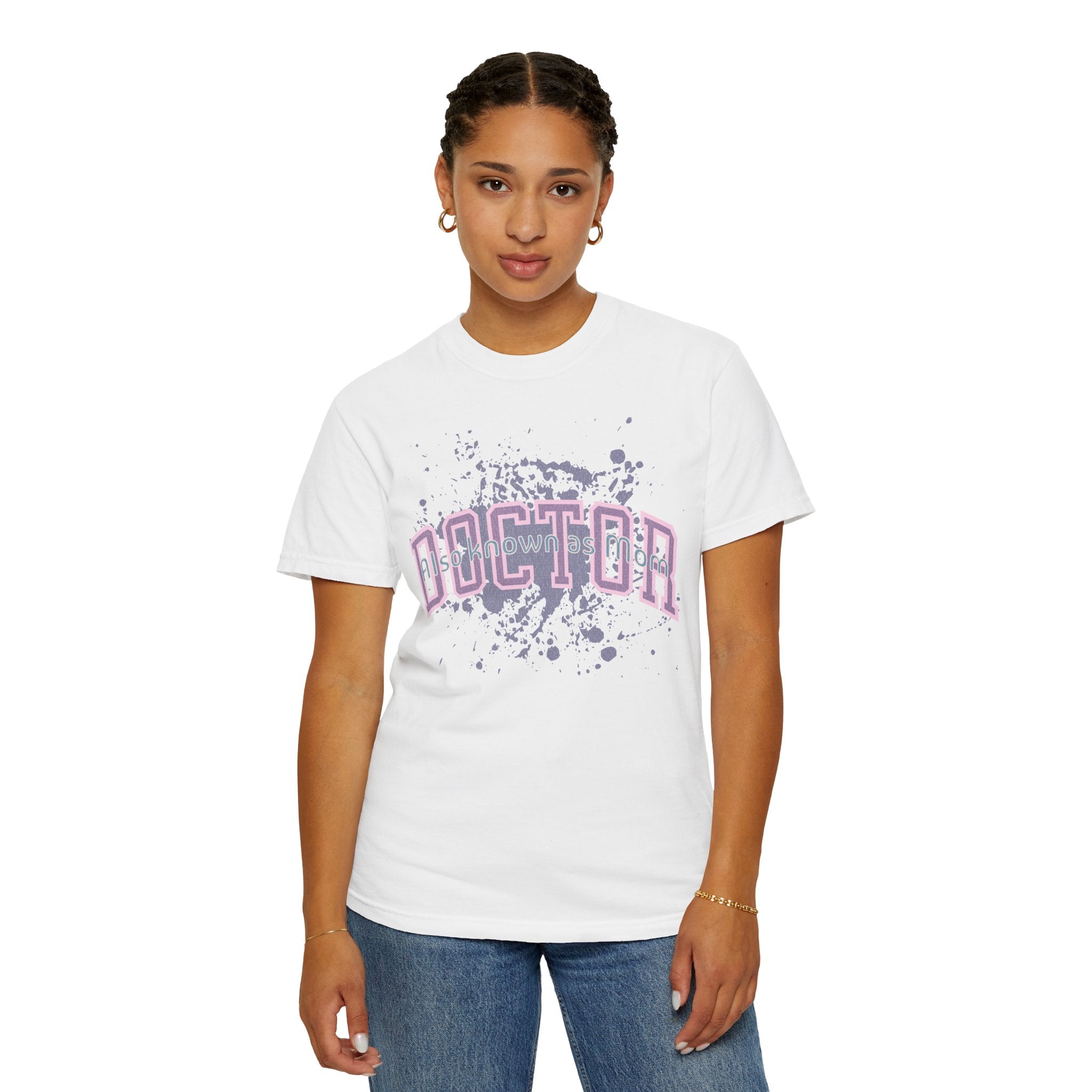 Doctor Also Known As Mom Textured T-Shirt — Retro Pink & Purple Splatter Medical Shirt