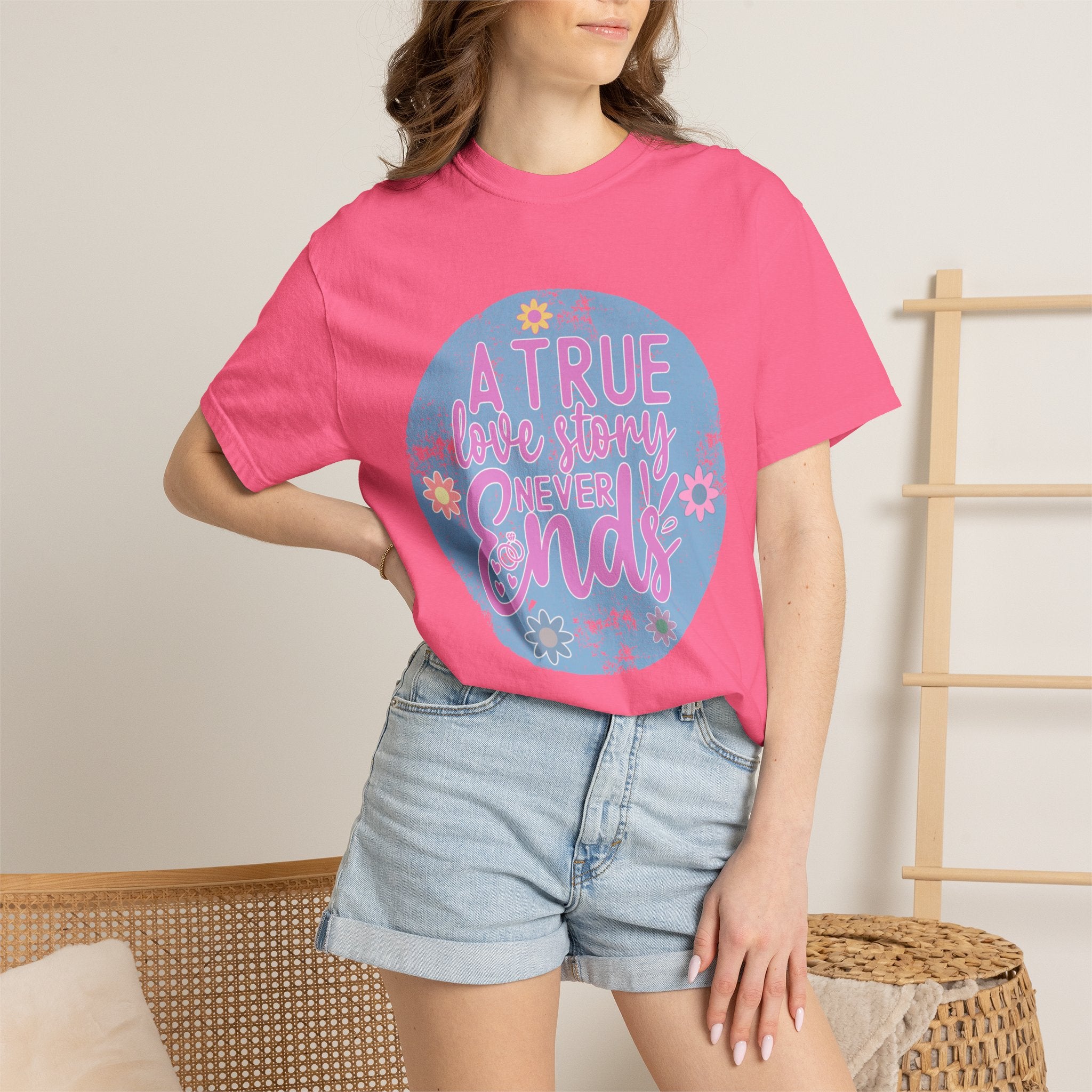 Textured T-Shirt — "A True Love Story Never Ends" Floral Graphic